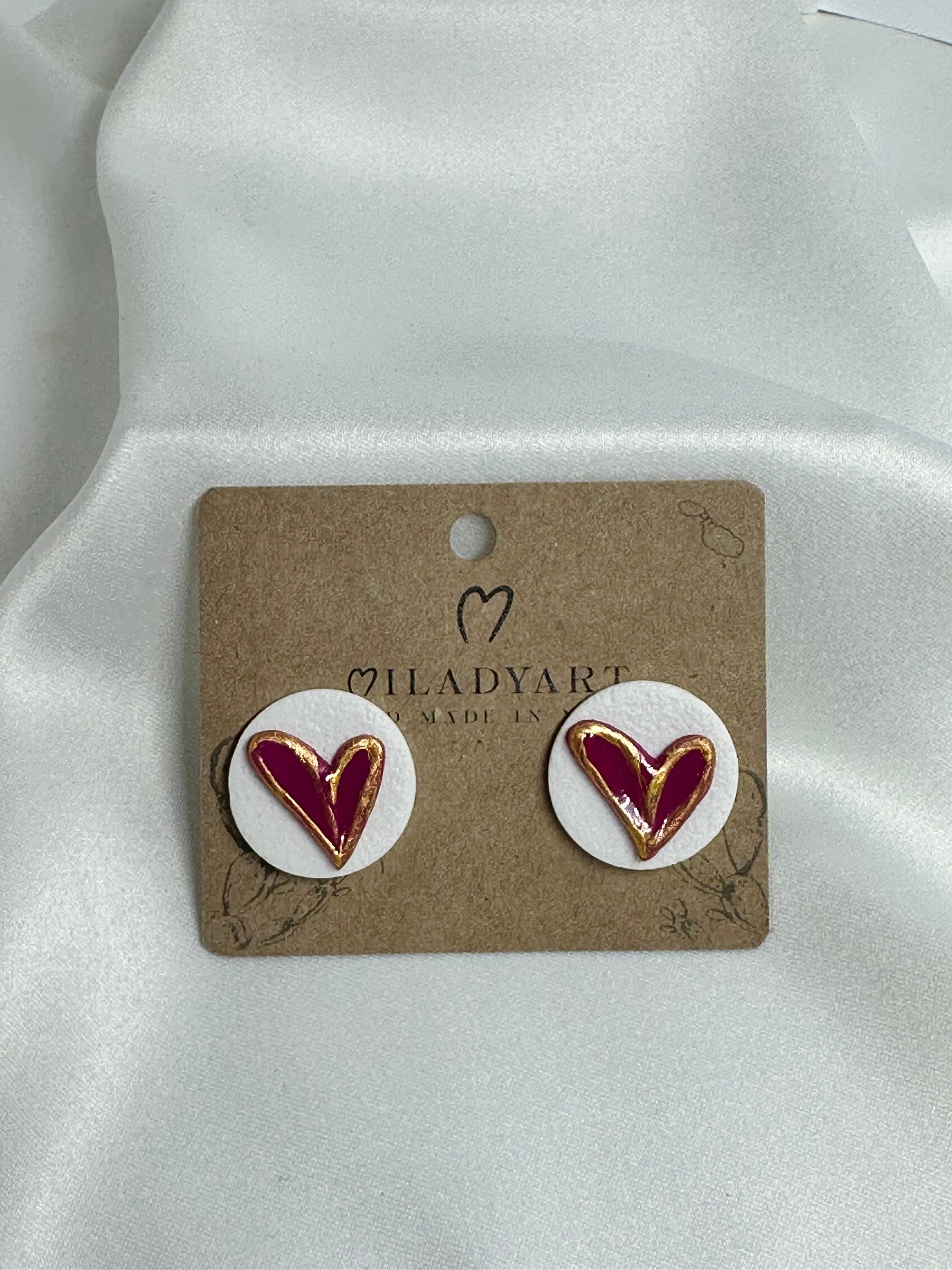 Earrings Small Red Heart on white circle
