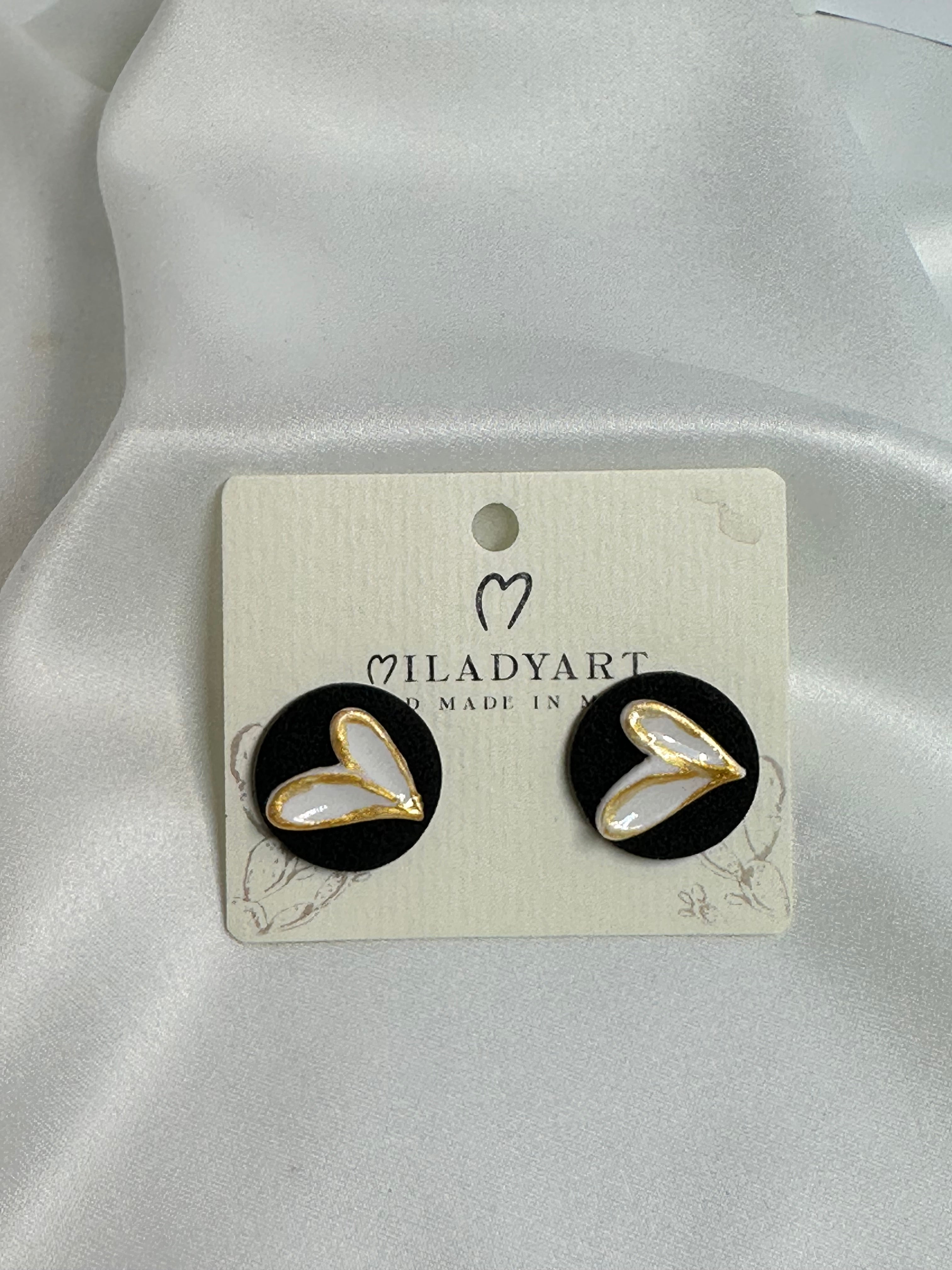 Earrings Small White Heart on black circle