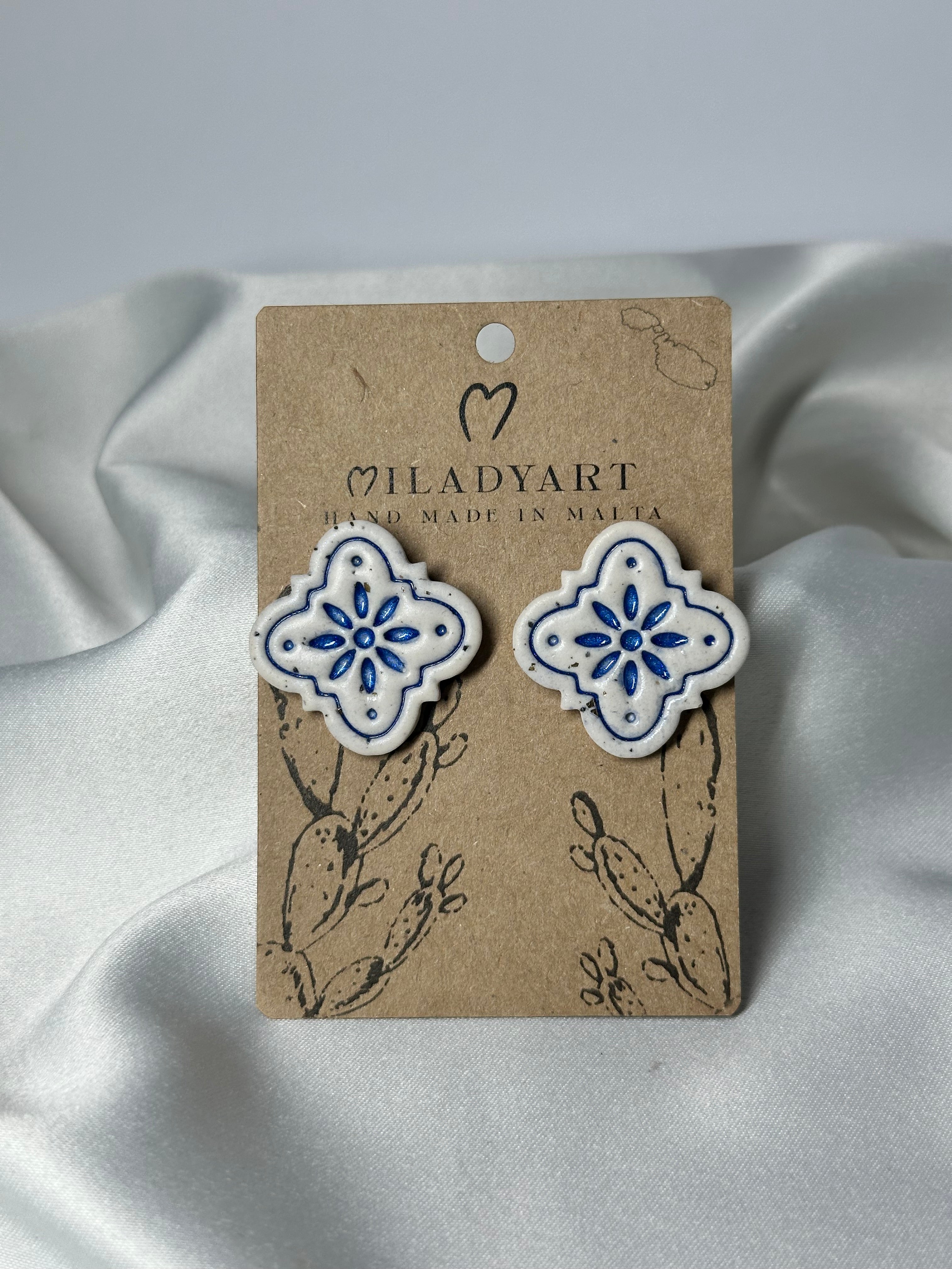 Earrings Maltese Blue White Tile