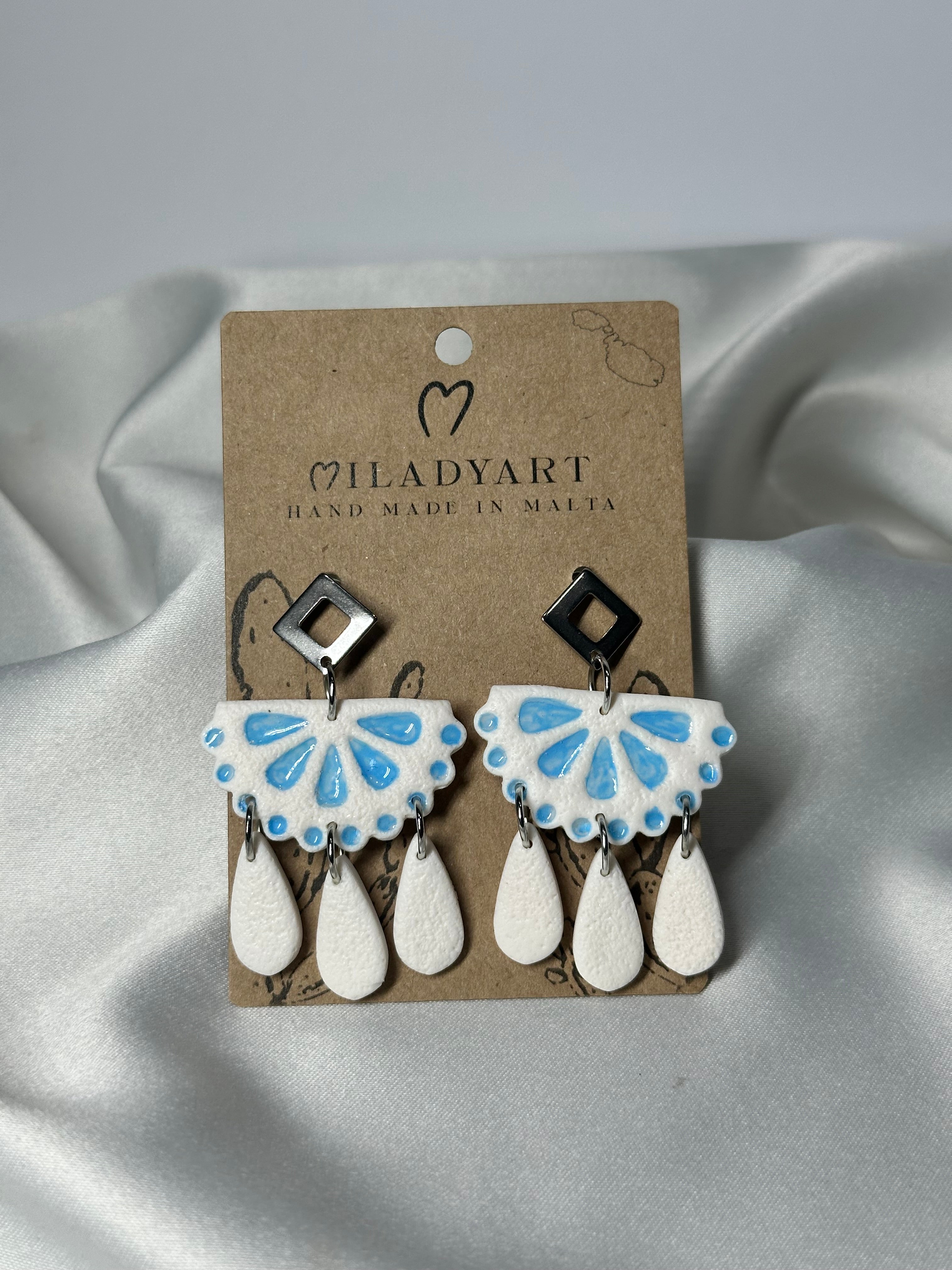 Earrings Pendent Light Blue White Mexican Tile