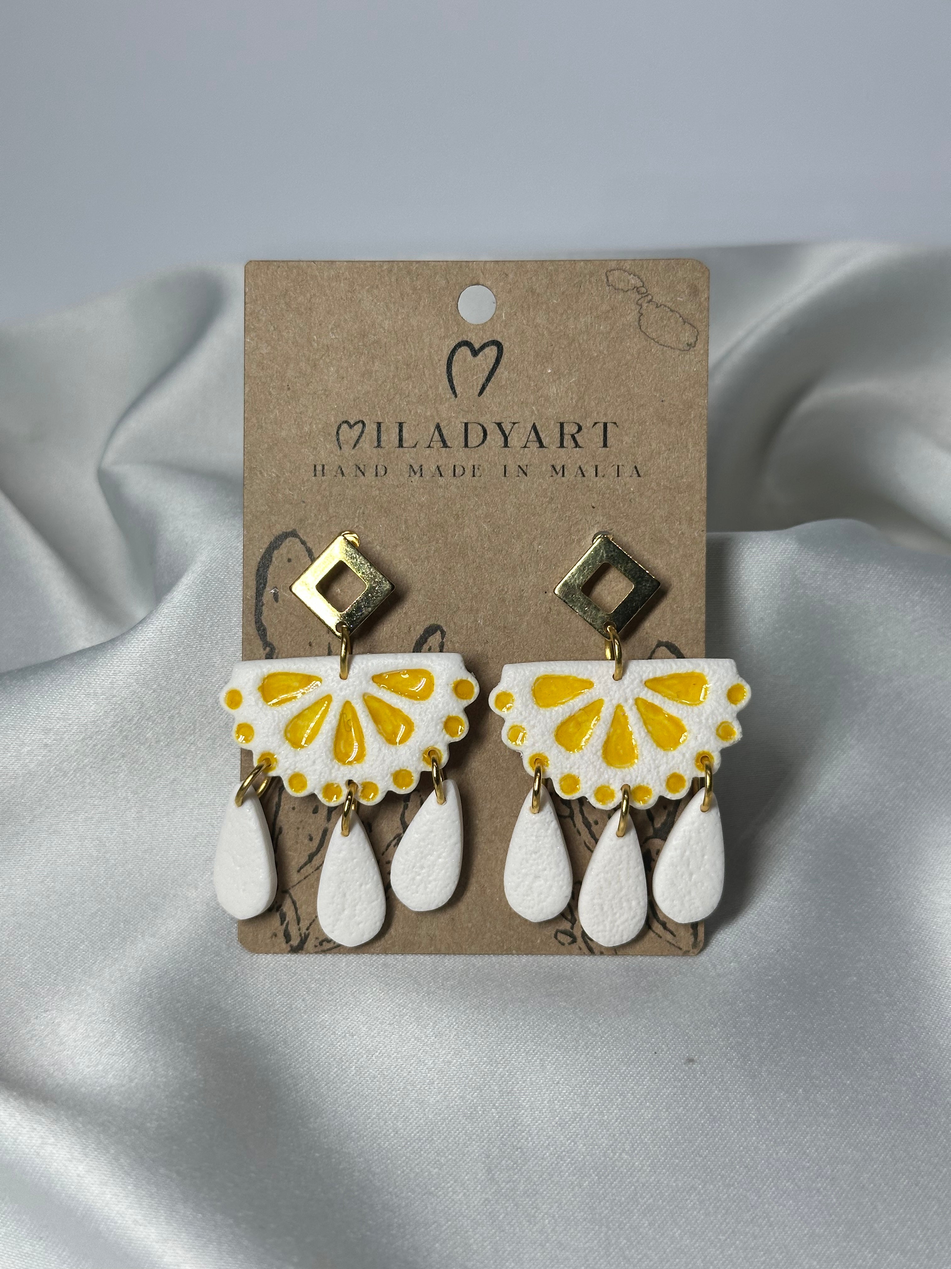 Earrings Pendent White Yellow Mexican Tile