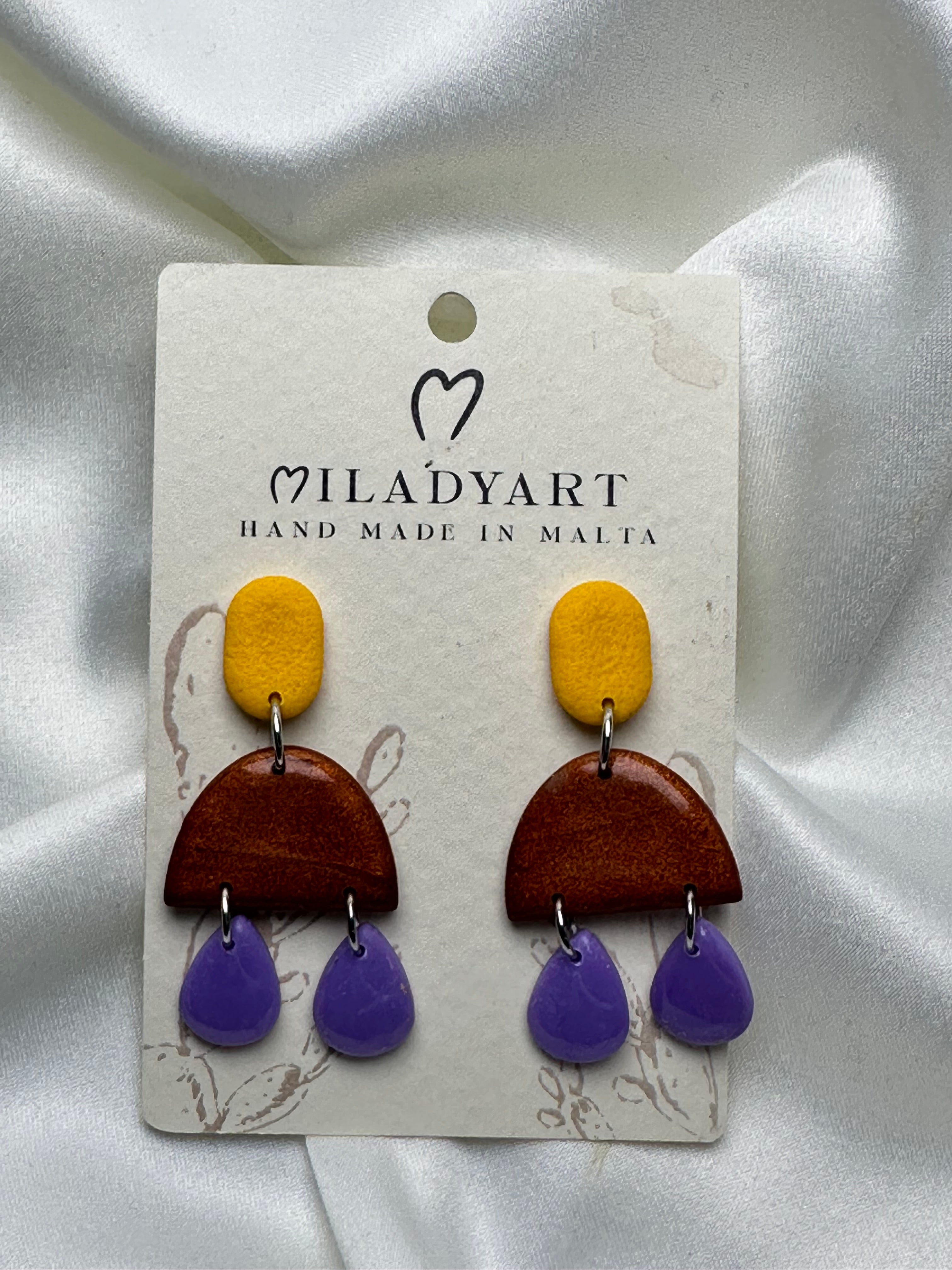 Earrings Semicircle Pendent Brown Yellow Violet