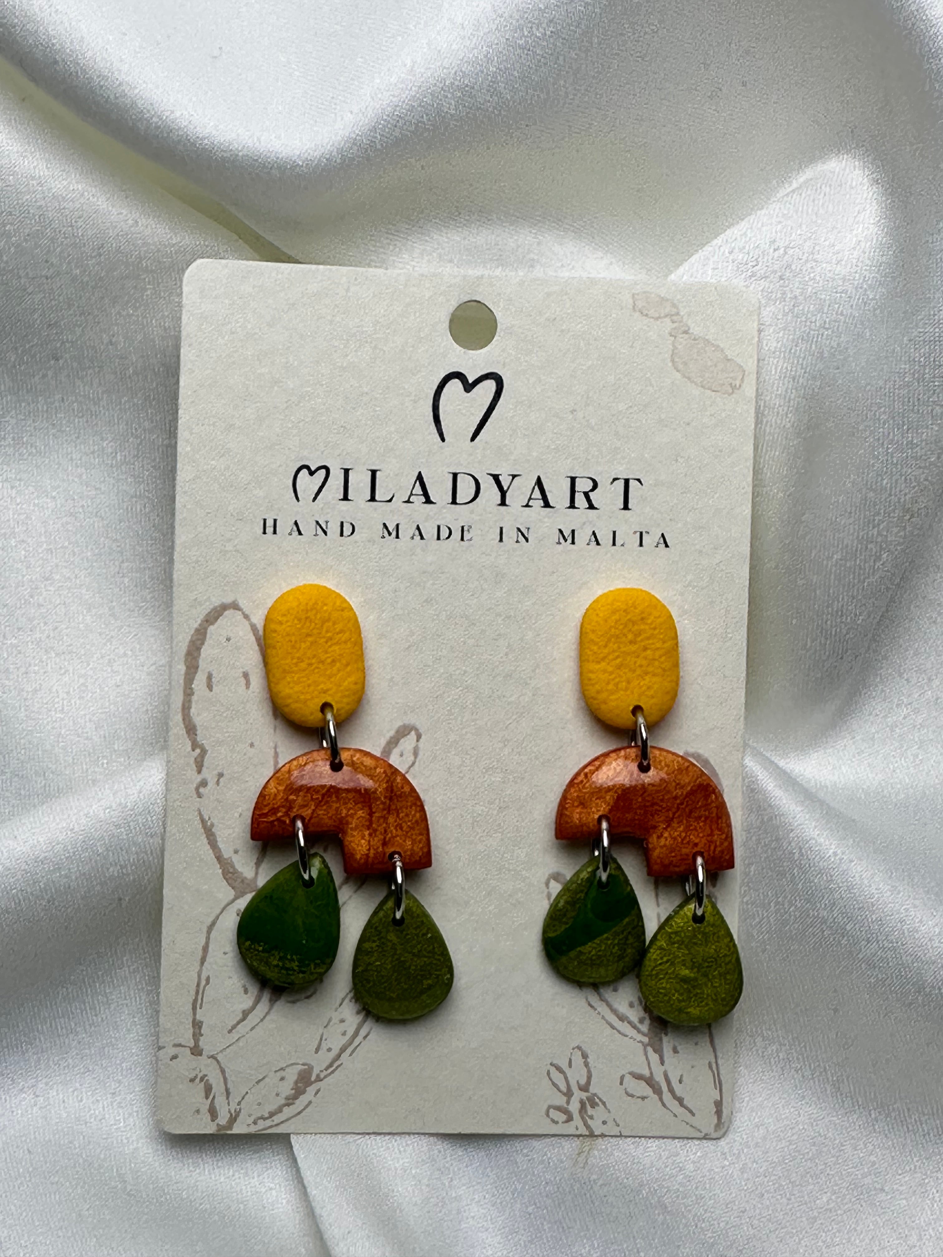 Earrings Pendent Yellow Metallic Brown Green