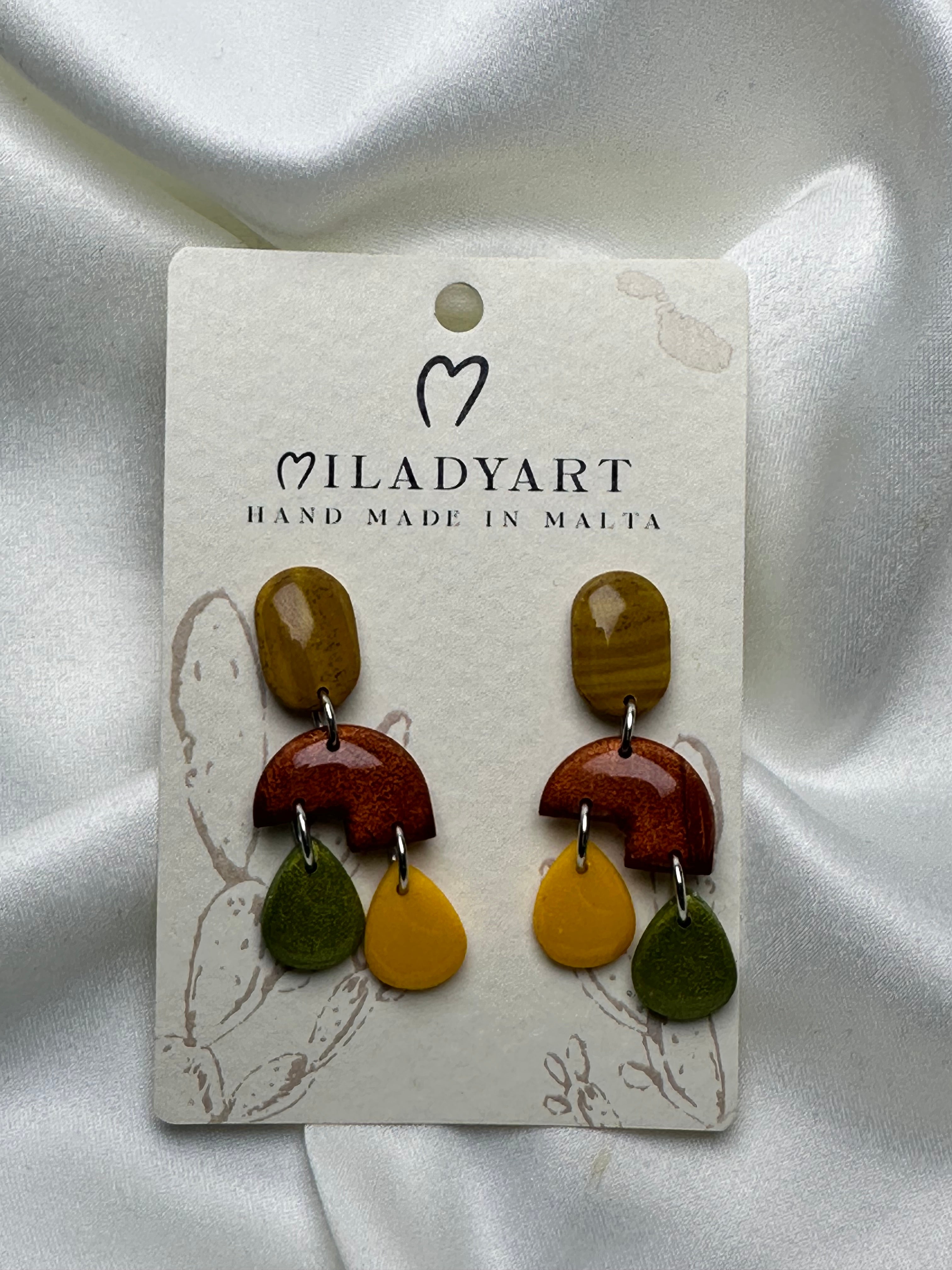 Earrings Pendent Yellow Metallic Brown Green Curry
