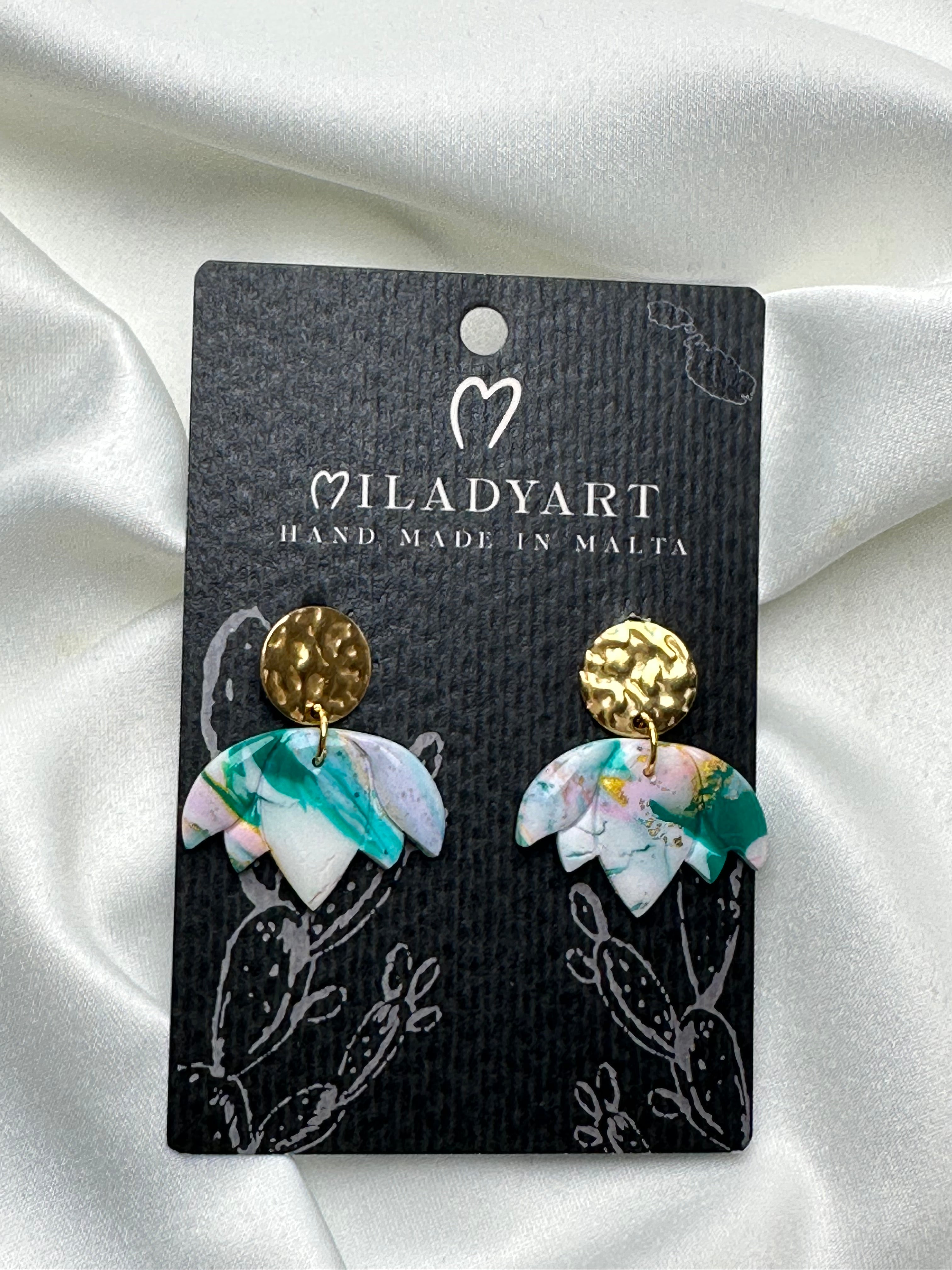 Earrings Pendent Gold Mixed Green Yellow White Lotus Flower