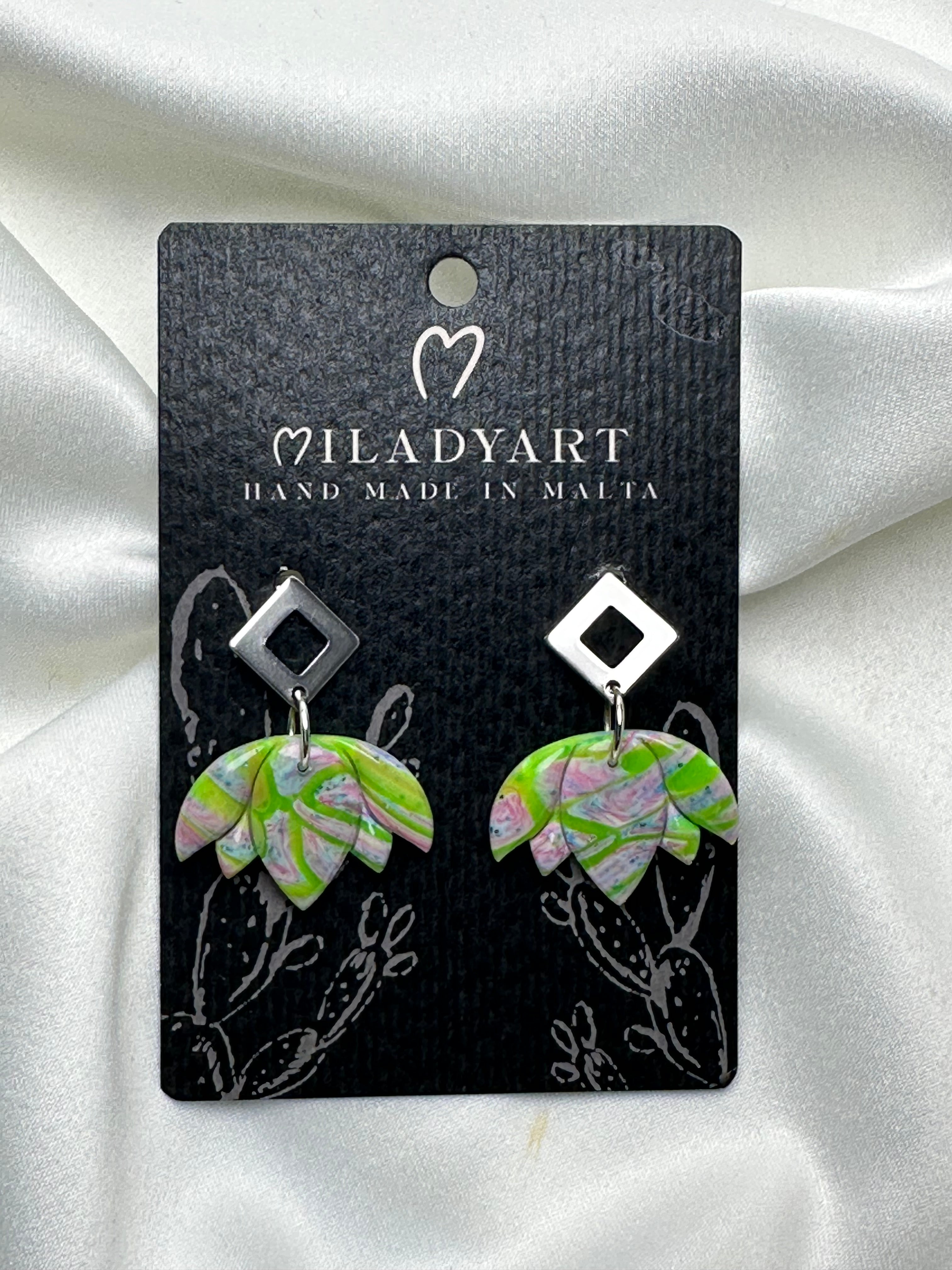 Earrings Pendent Silver Mixed Green Grey Pink White Lotus Flower