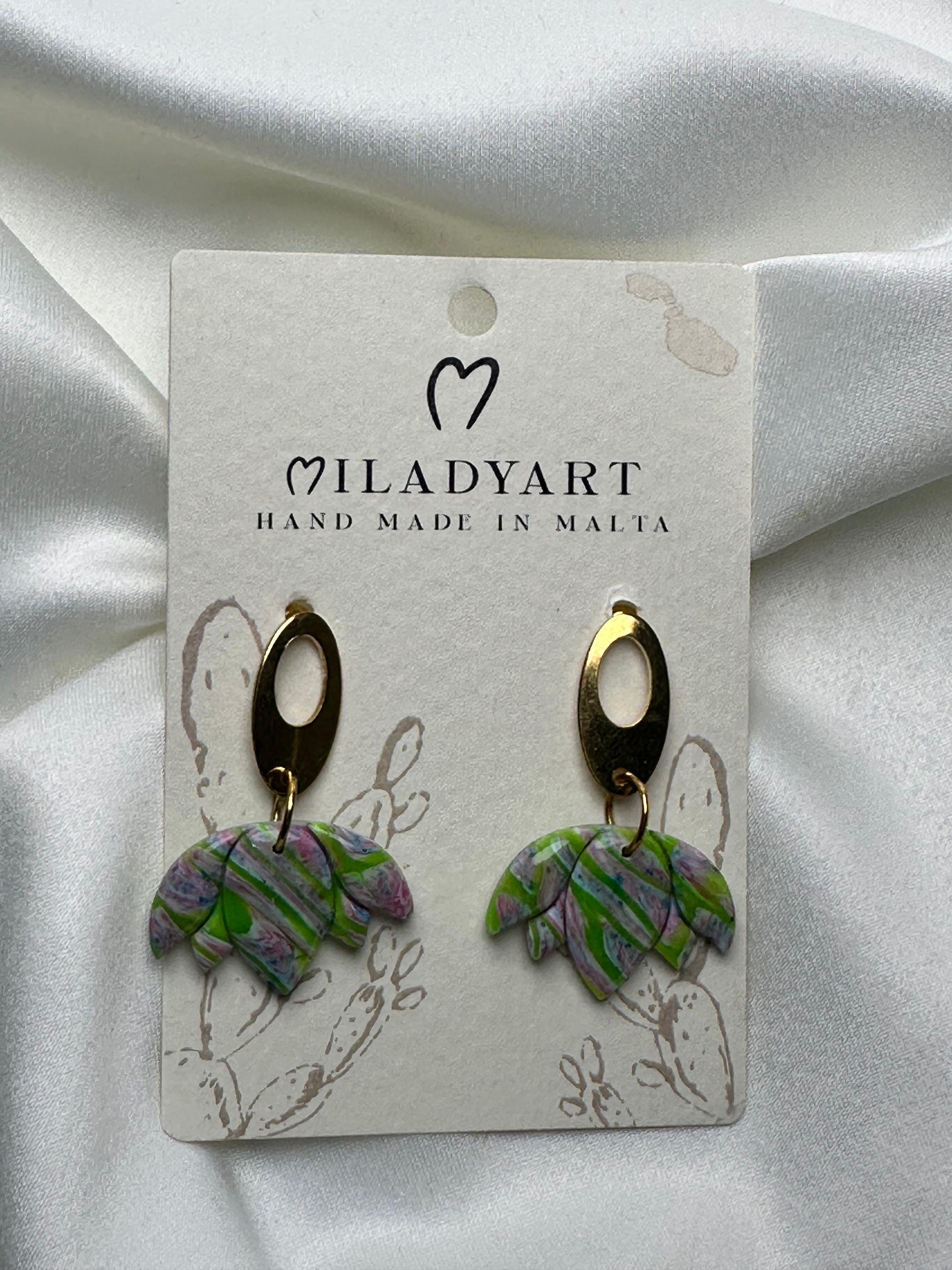 Earrings Pendent Gold  Pink Mixed Green  White Lotus Flower