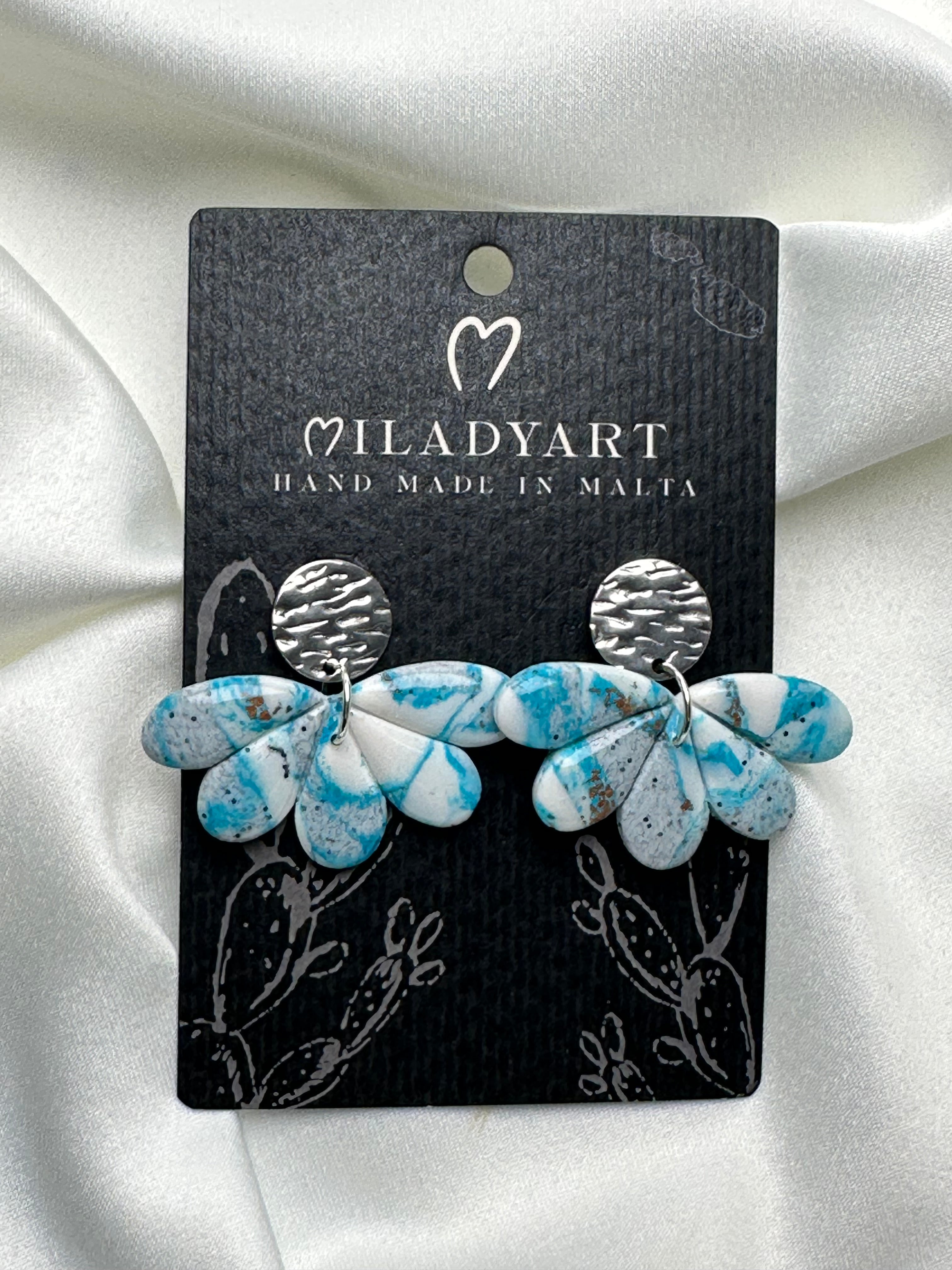 Earrings Pendent Silver Mixed Blue Gray White Half Flower