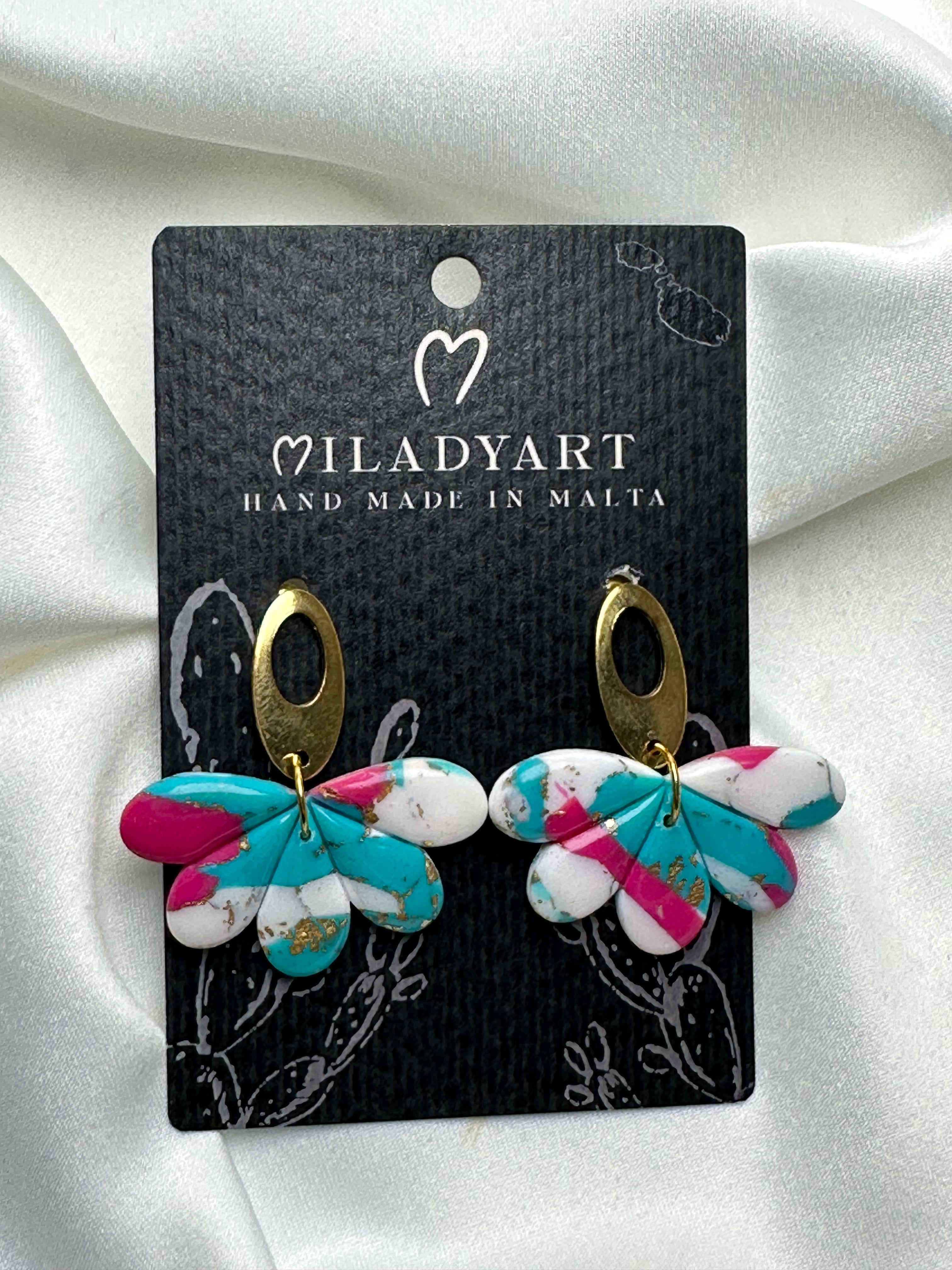 Earrings Pendent Gold Light Blue White Pink Half Flower