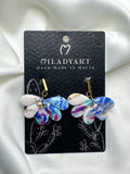 Earrings Pendent Gold Mixed Blue White Half Flower