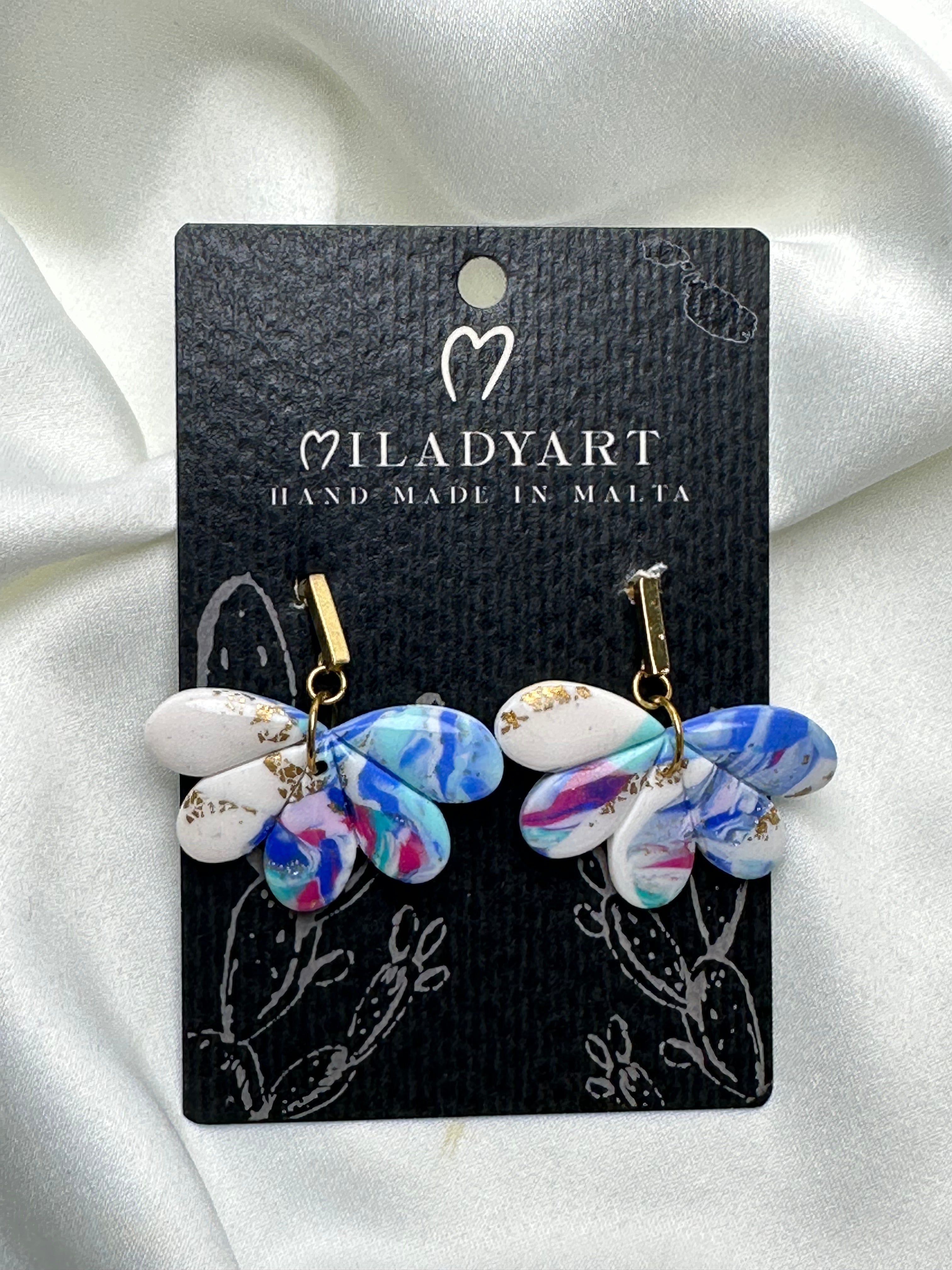 Earrings Pendent Gold Mixed Blue White Half Flower