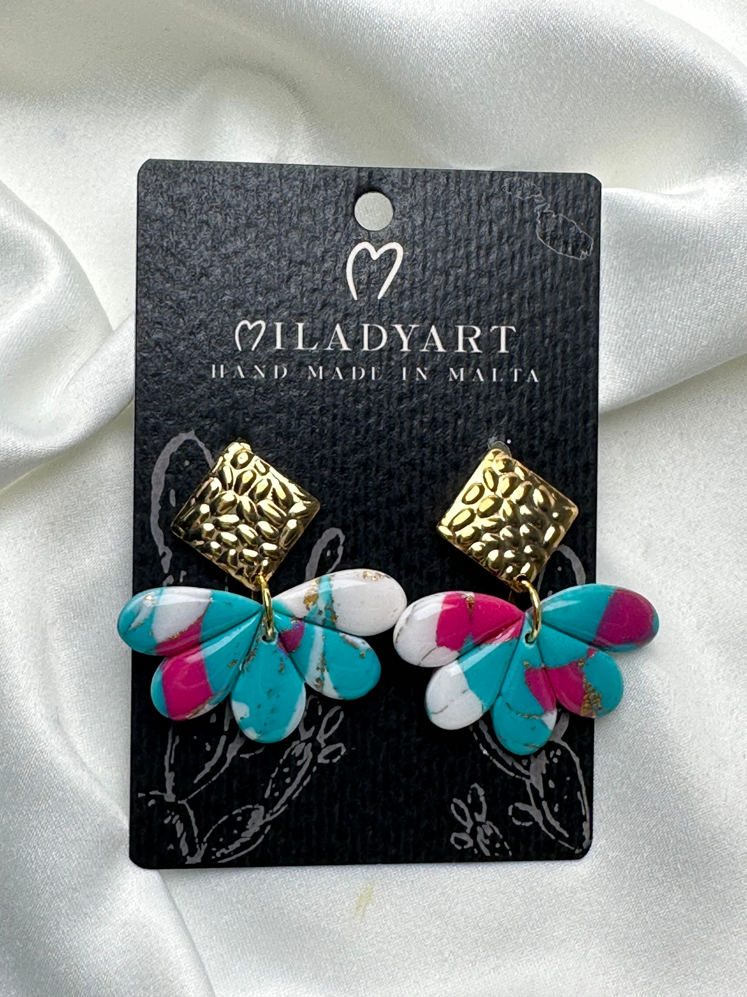 Earrings Pendent Gold Mixed Blue Pink White Half Flower