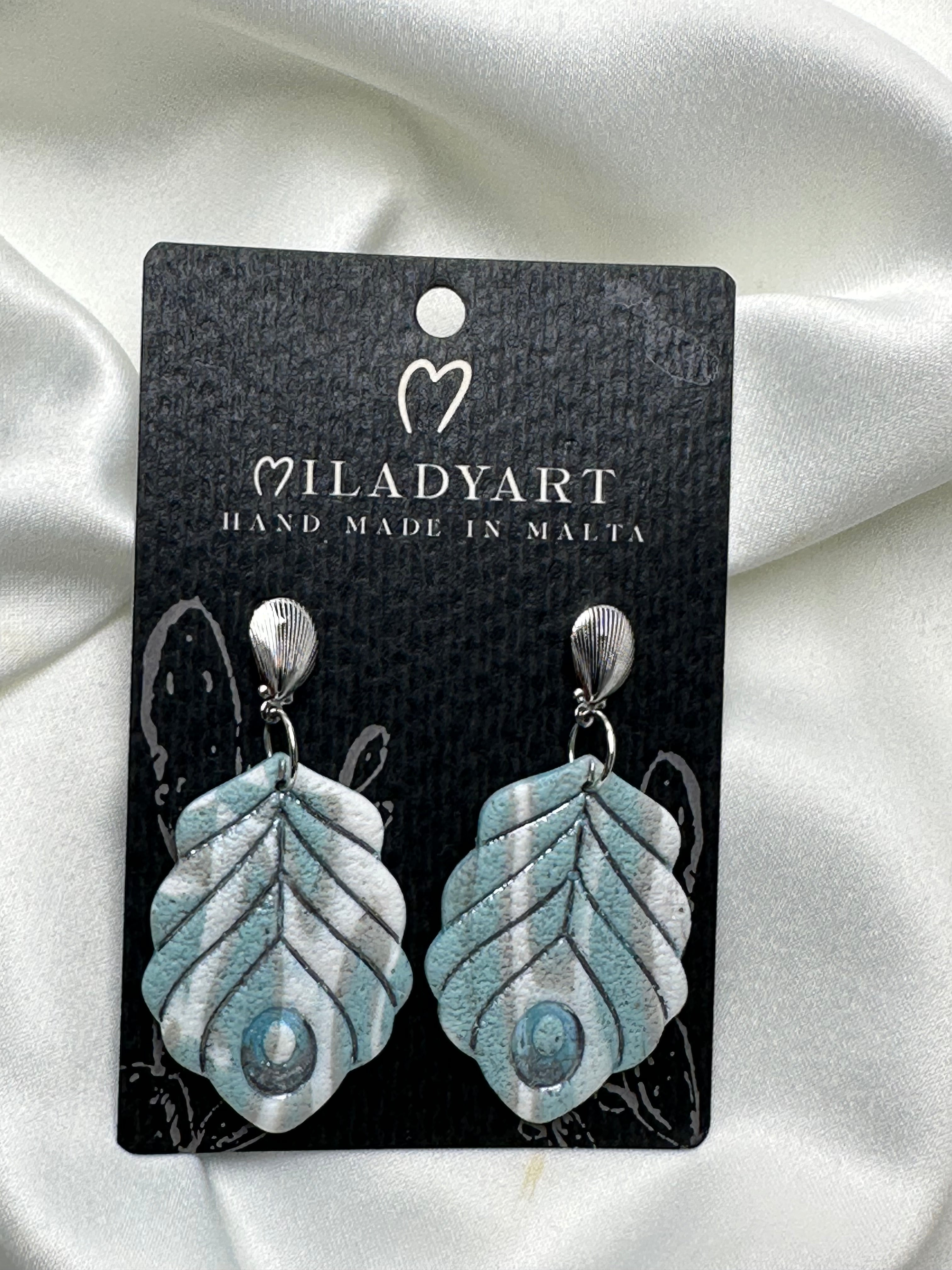 Earrings Pendent Mixed Light Blue Gray Feather
