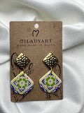 Earrings Maltese Blue White Yellow Green Tile