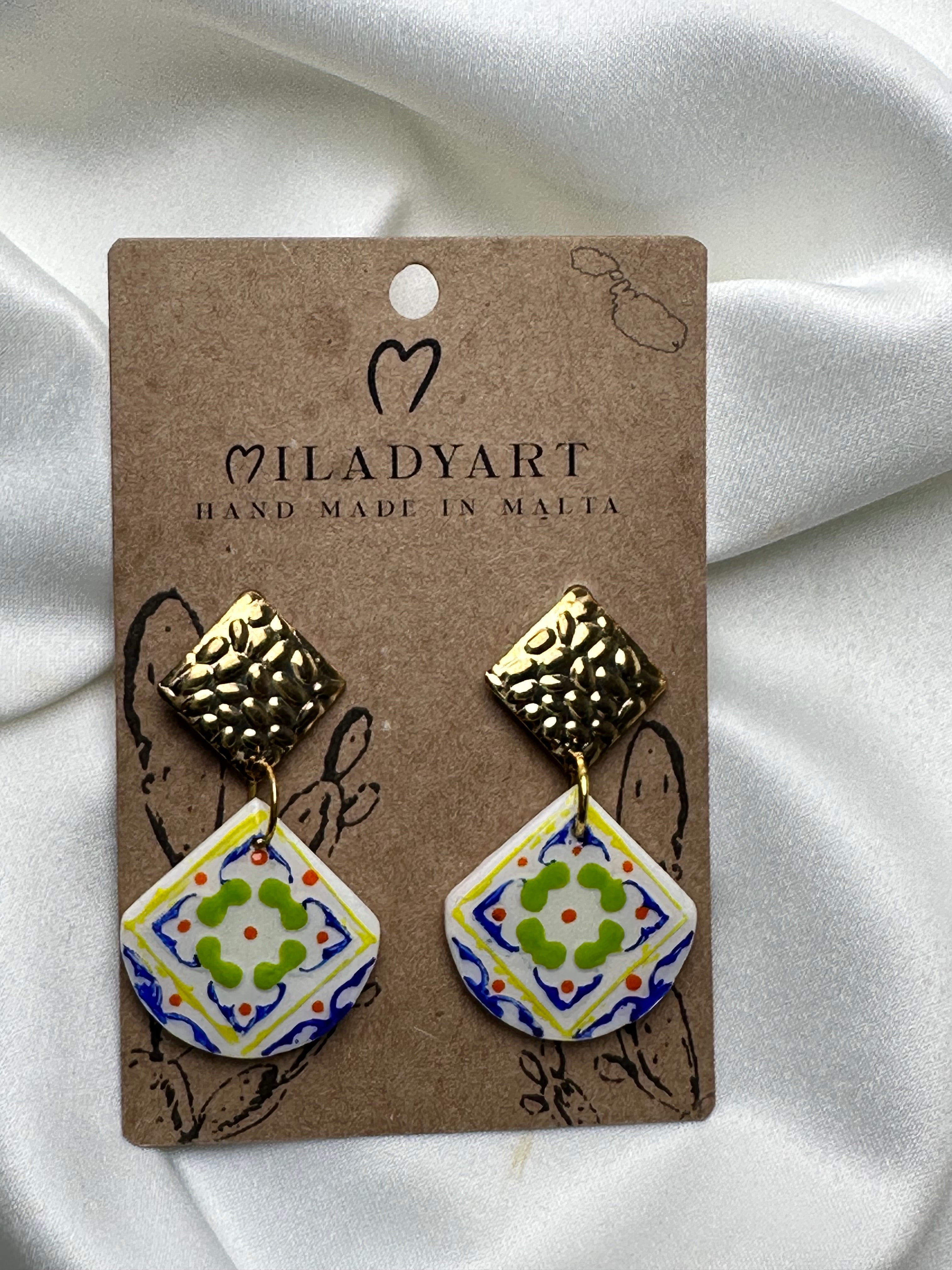 Earrings Maltese Blue White Yellow Green Tile