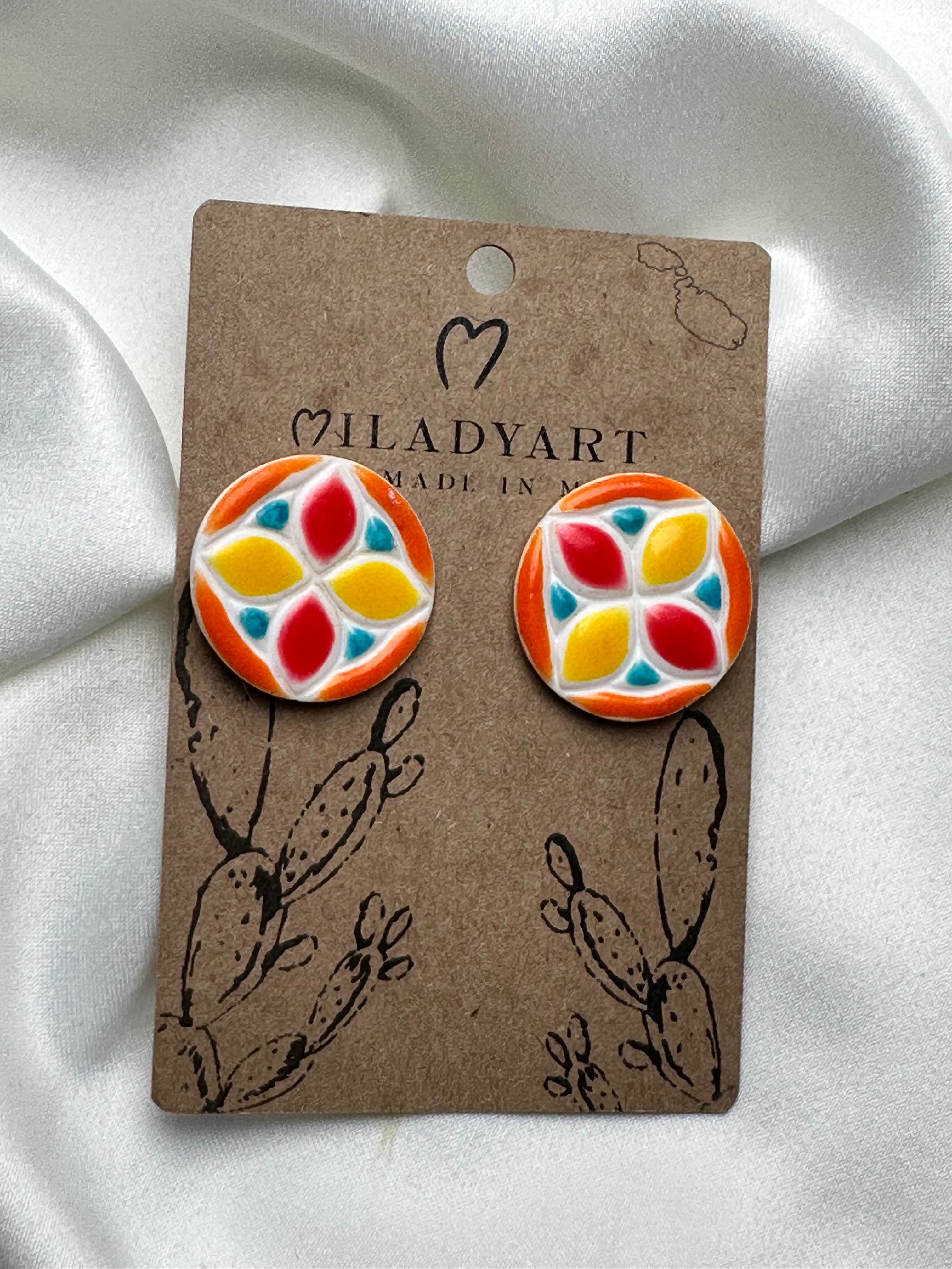 Earrings Maltese Blue Red Orange White Circle Tile