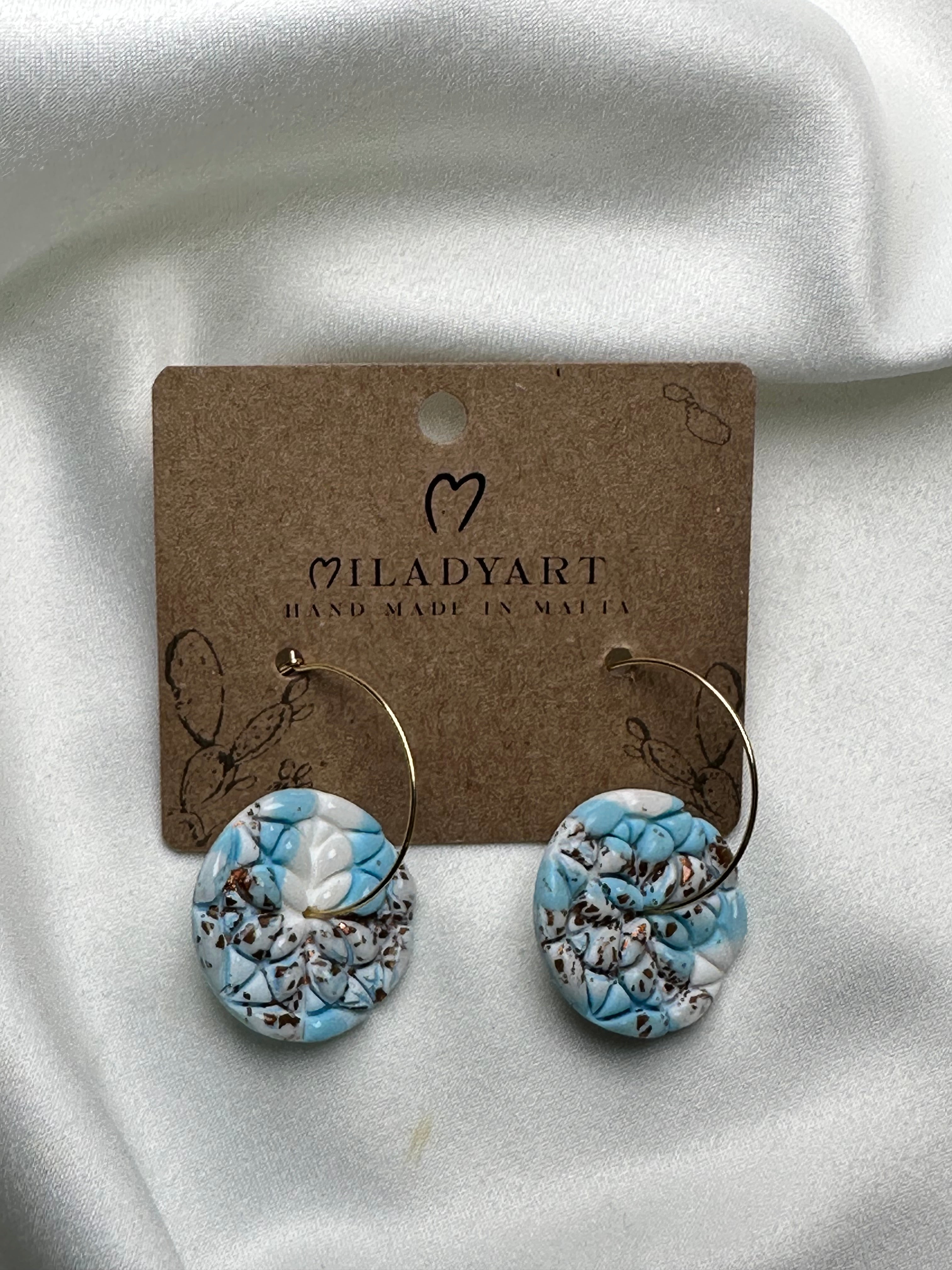 Earrings Pendant Gold Maltese Mixed Blu White Circle Tile