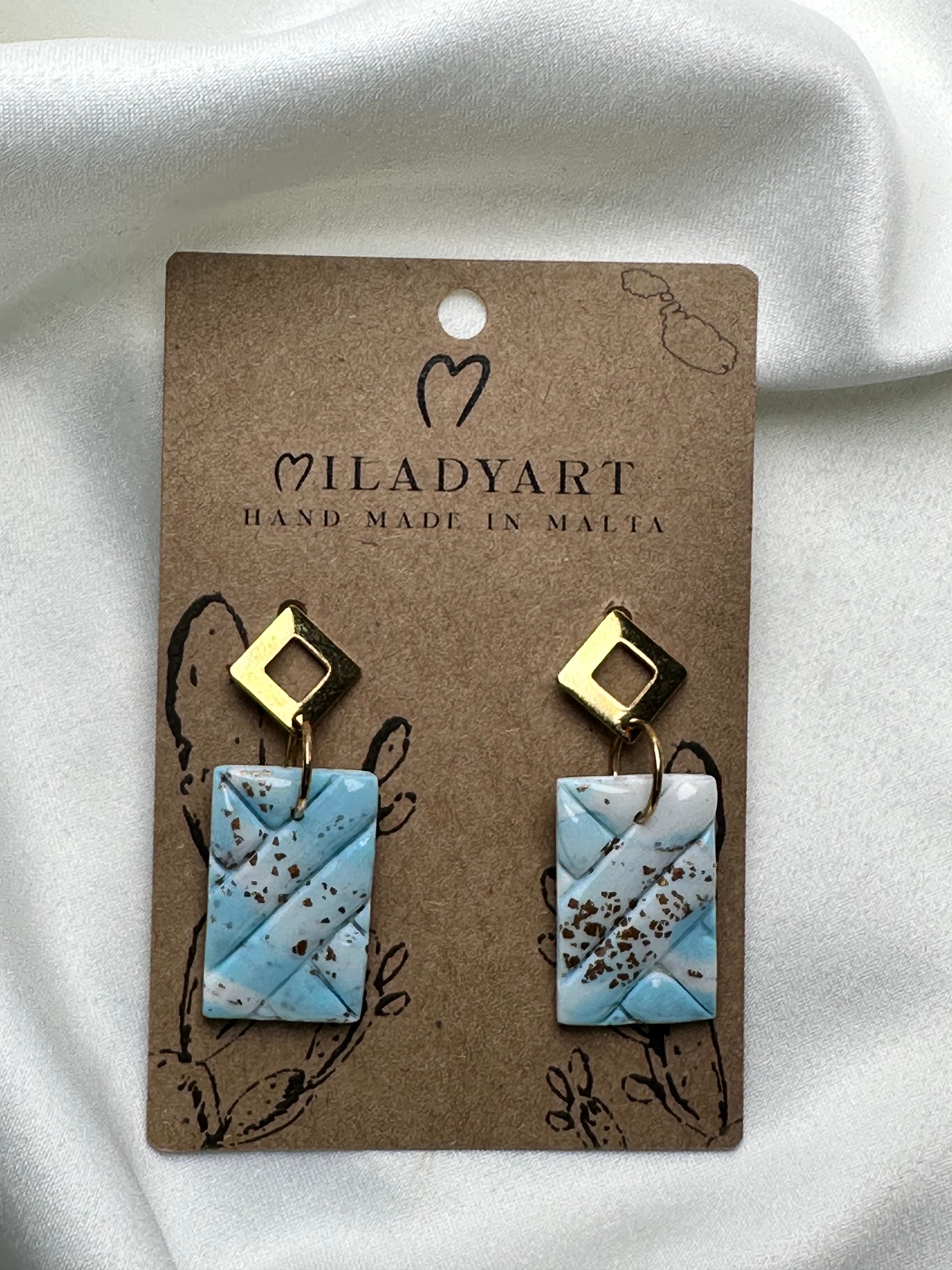 Earrings Pendant Gold Maltese Mixed Light Blu White Rectangular Tile