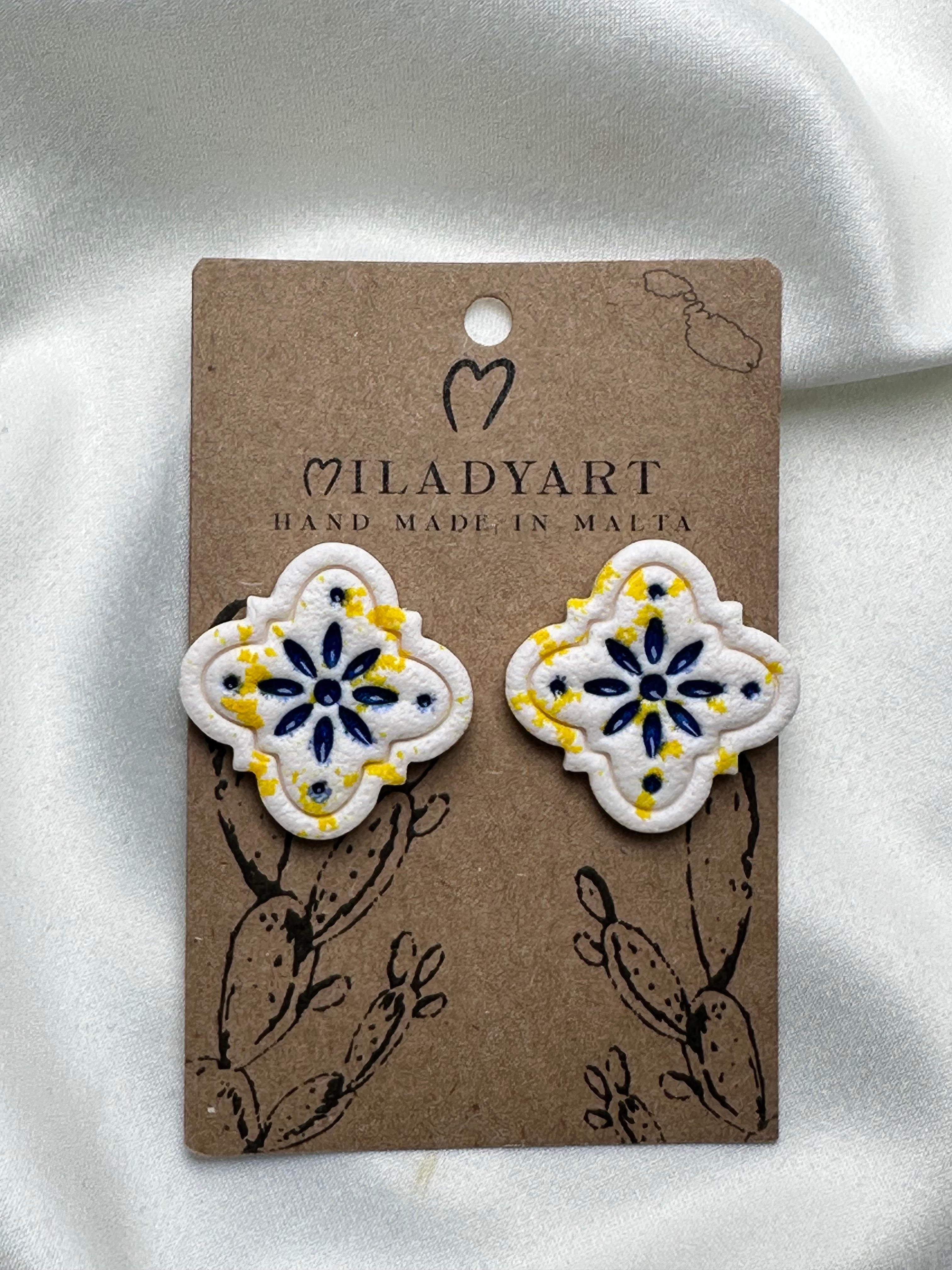Earrings Maltese Yellow Blue White Tile