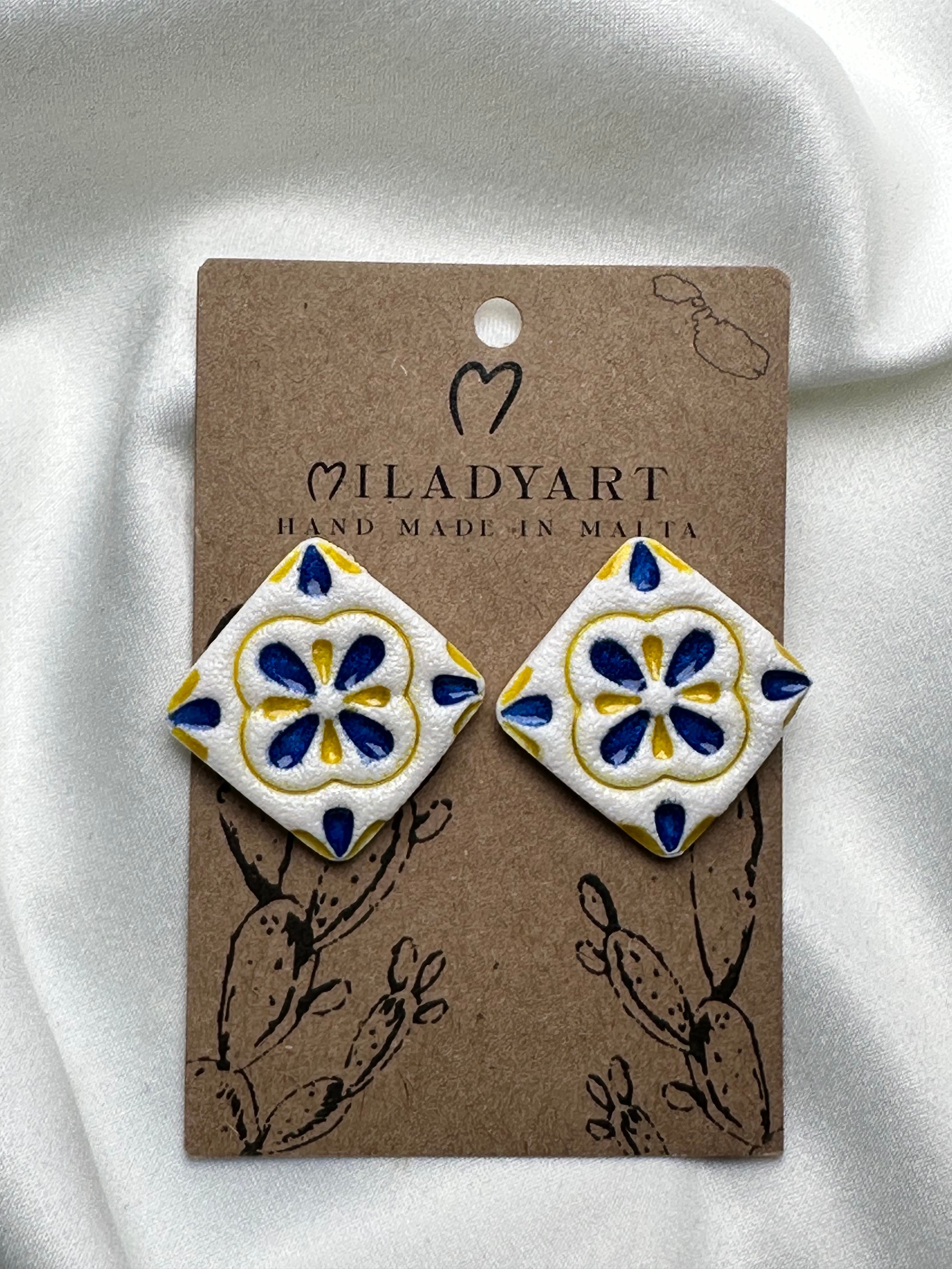 Earrings Maltese Yellow Blue Square White Tile