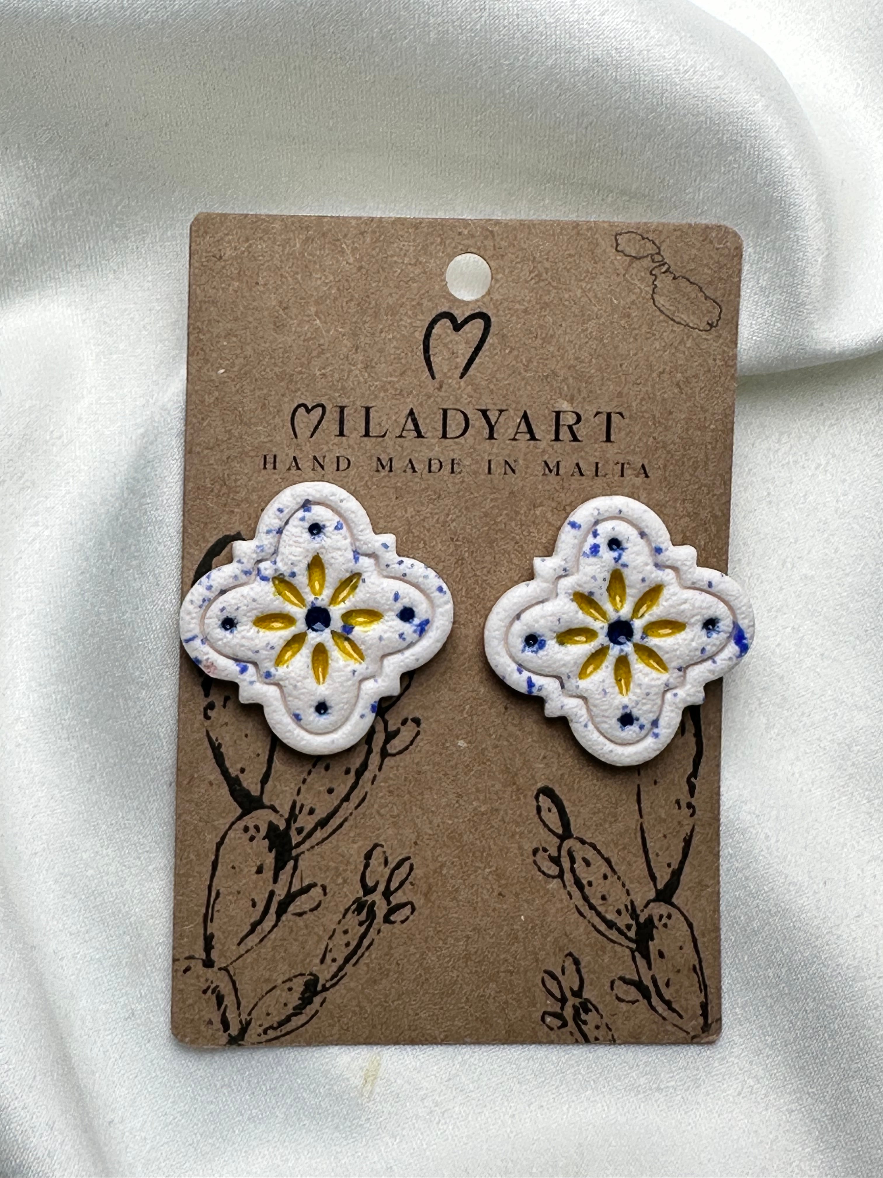 Earrings Maltese Central Yellow Blue White Tile