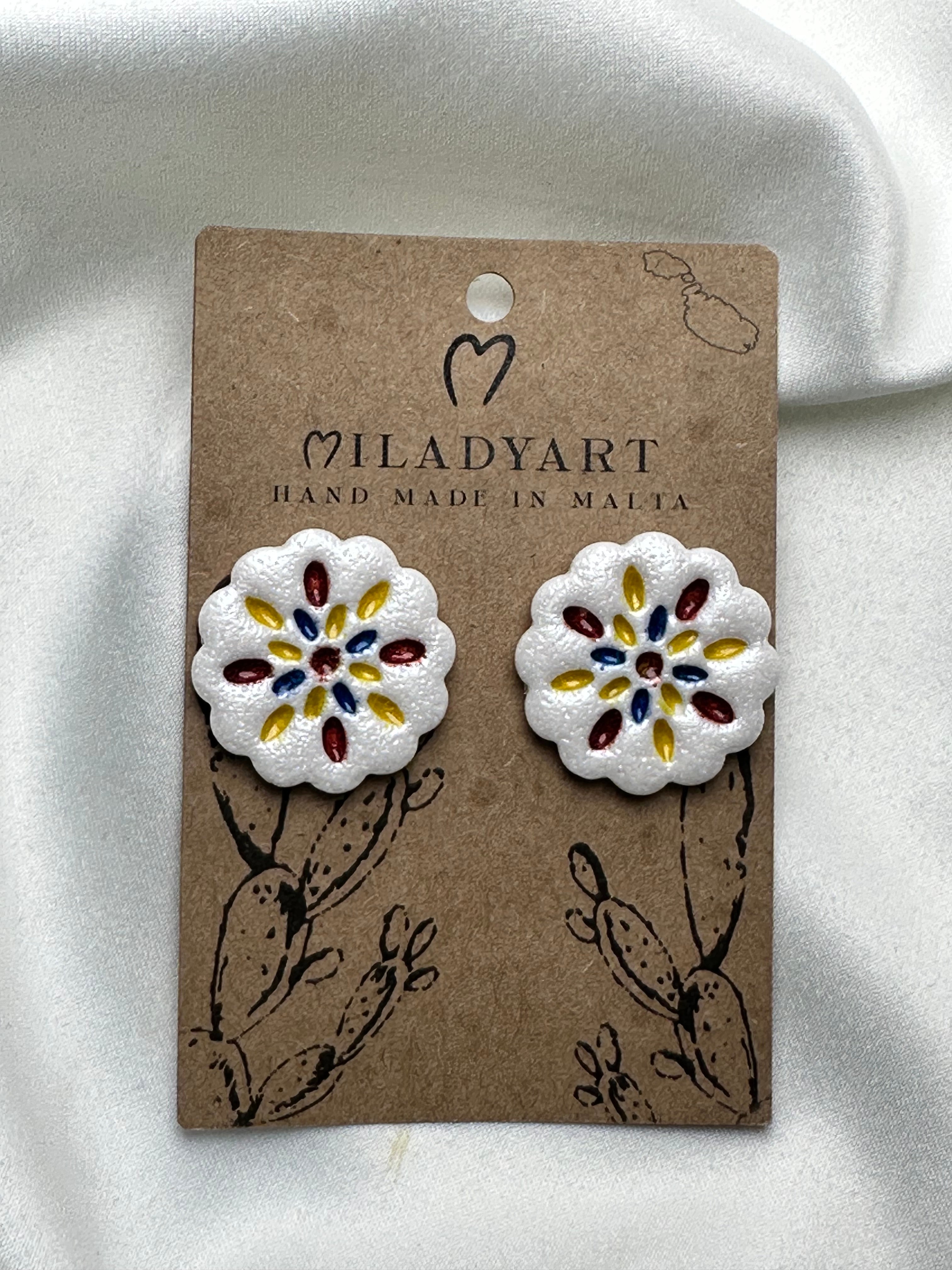 Earrings Maltese Blue White Yellow Red Circle Tile