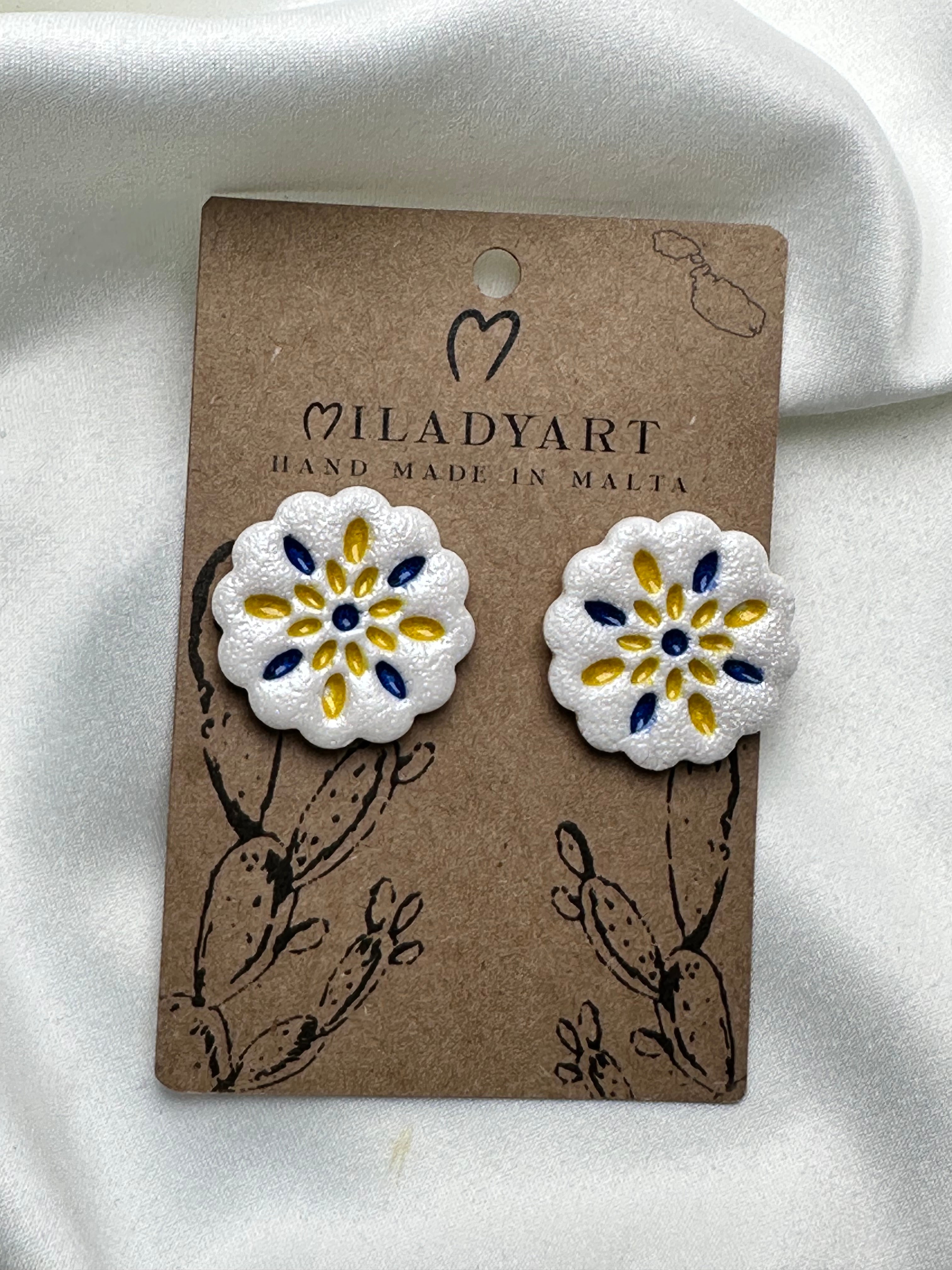 Earrings Maltese Blue White Yellow Circle Tile