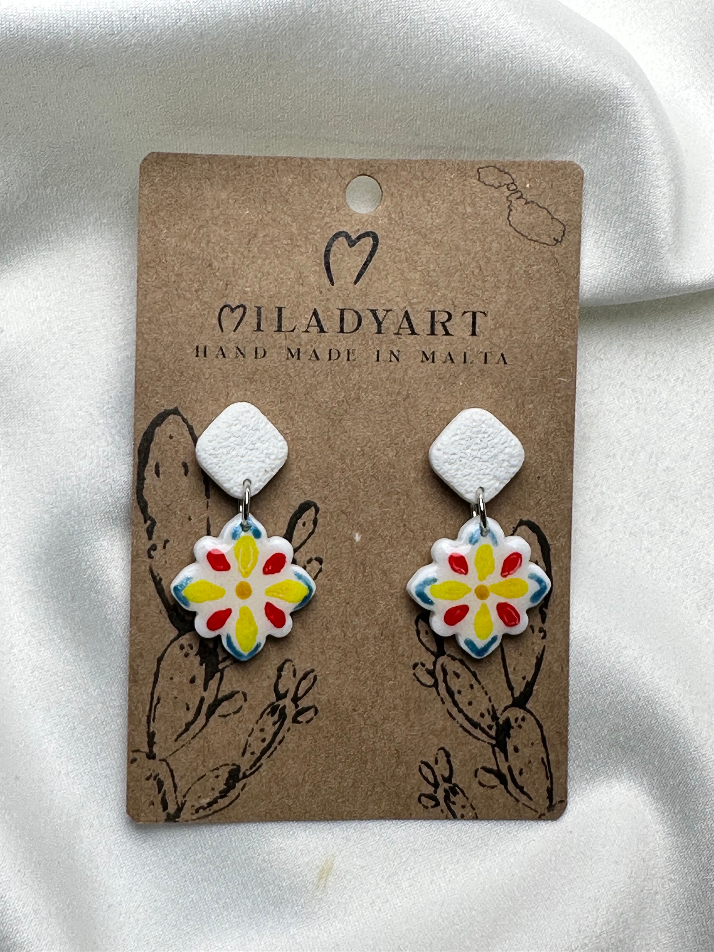 Earrings  Small Pendant Yellow Red Blue Maltese Tile