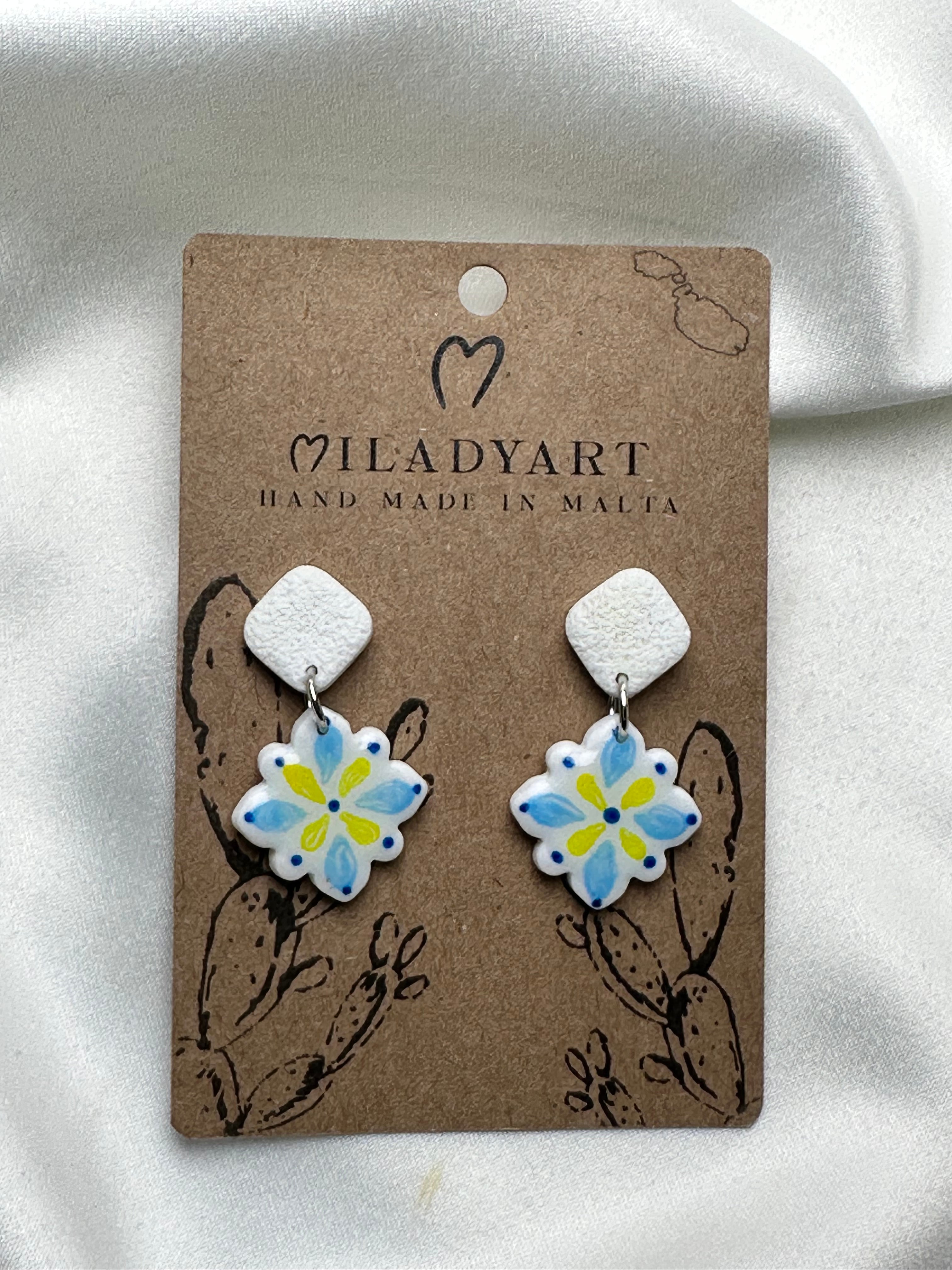 Earrings  Small Pendant Light Blue Yellow Maltese Tile