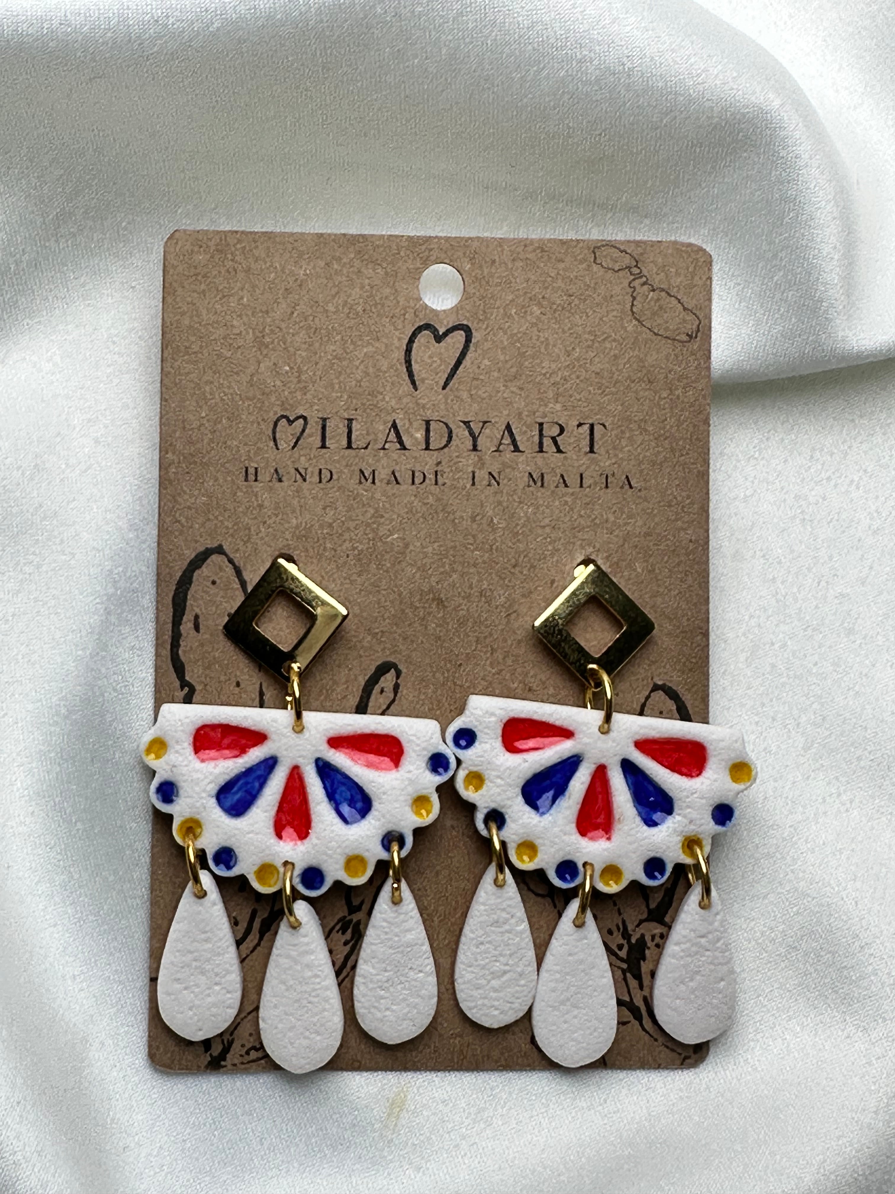 Earrings Pendent White Yellow Red Blue Mexican Tile