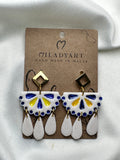 Earrings Pendent White Yellow Blue Mexican Tile