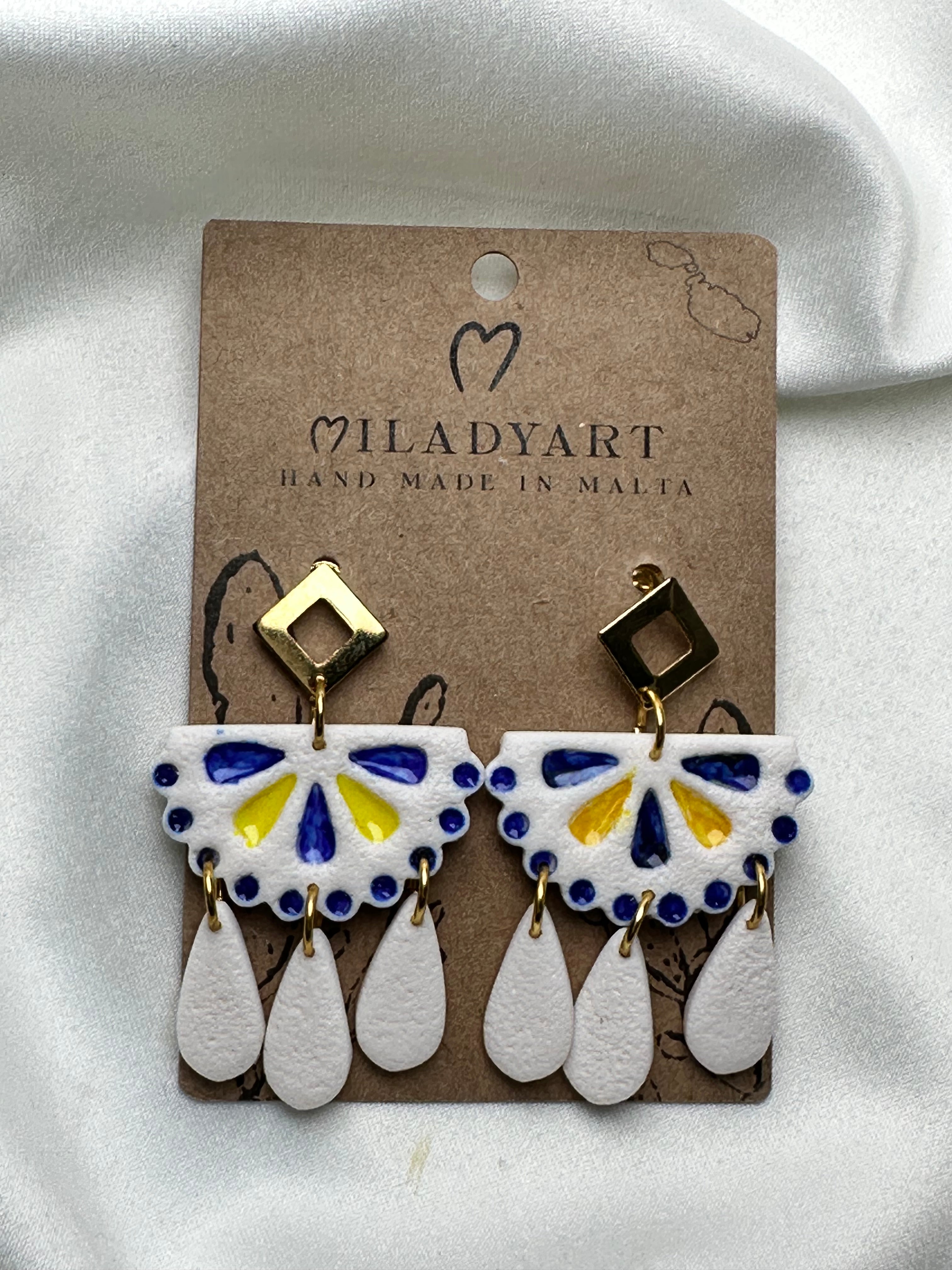 Earrings Pendent White Yellow Blue Mexican Tile