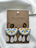 Earrings Pendent White Yellow Light Blue Mexican Tile