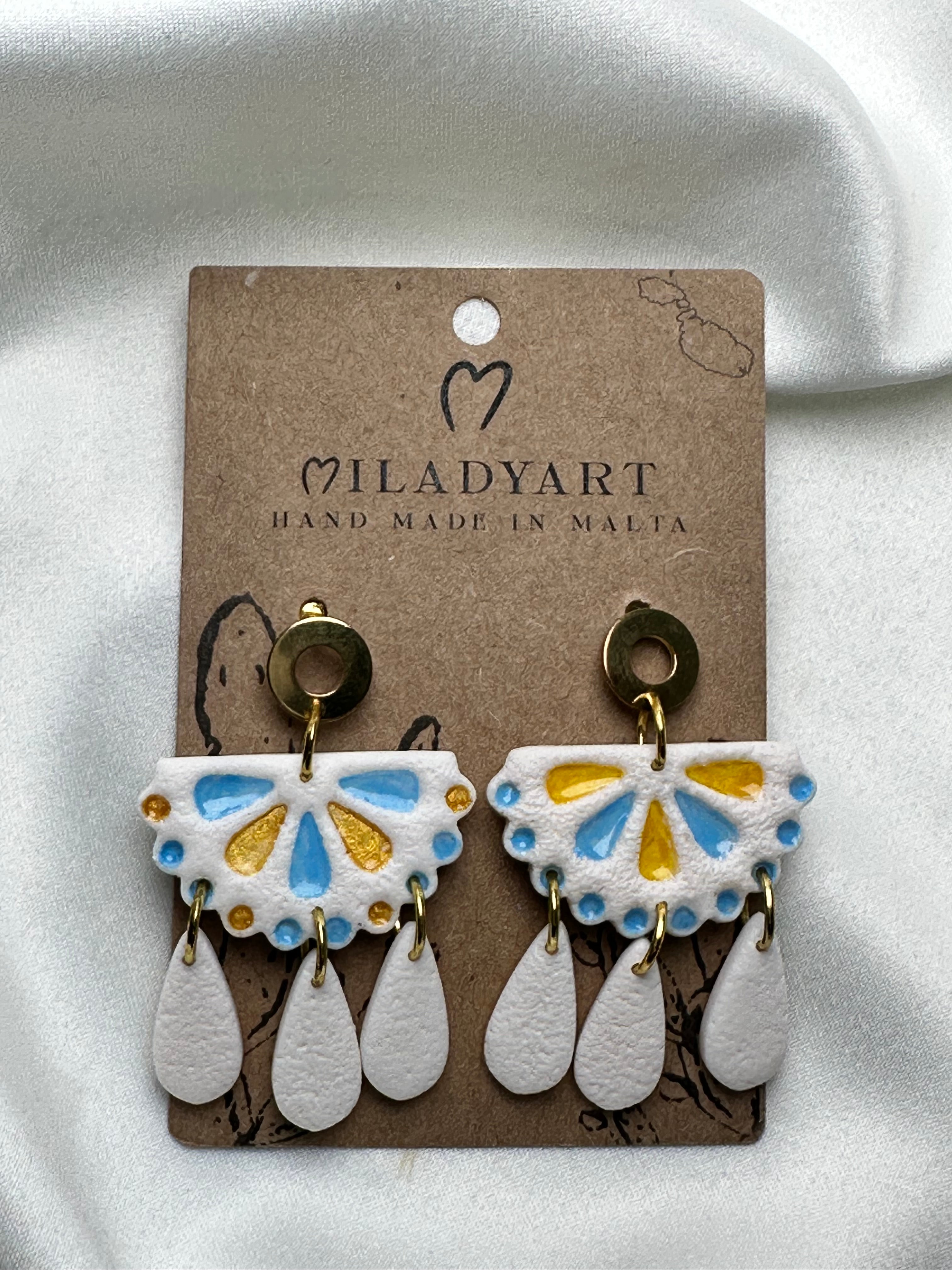 Earrings Pendent White Yellow Light Blue Mexican Tile