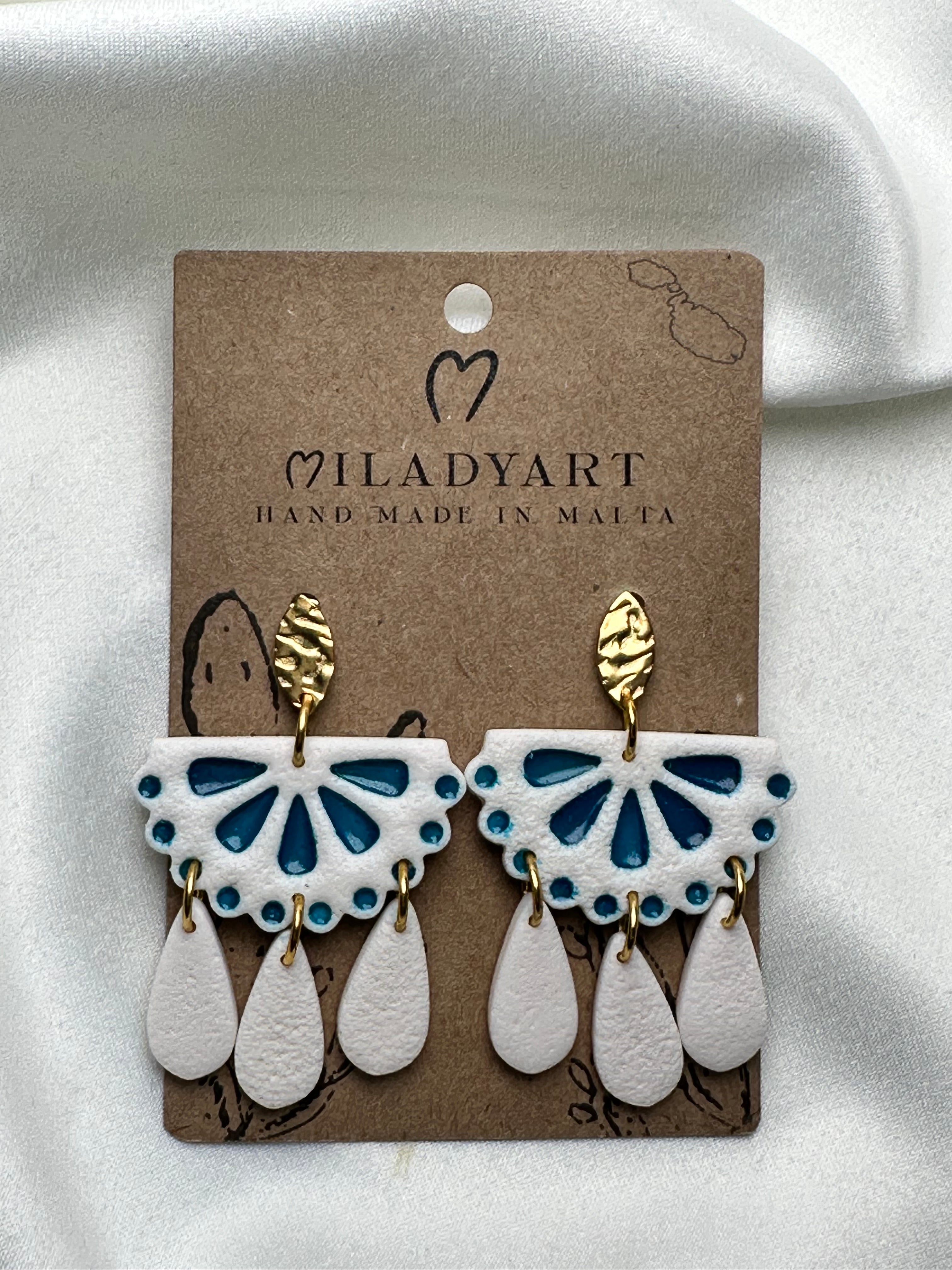 Earrings Pendent White Dark Blue Mexican Tile