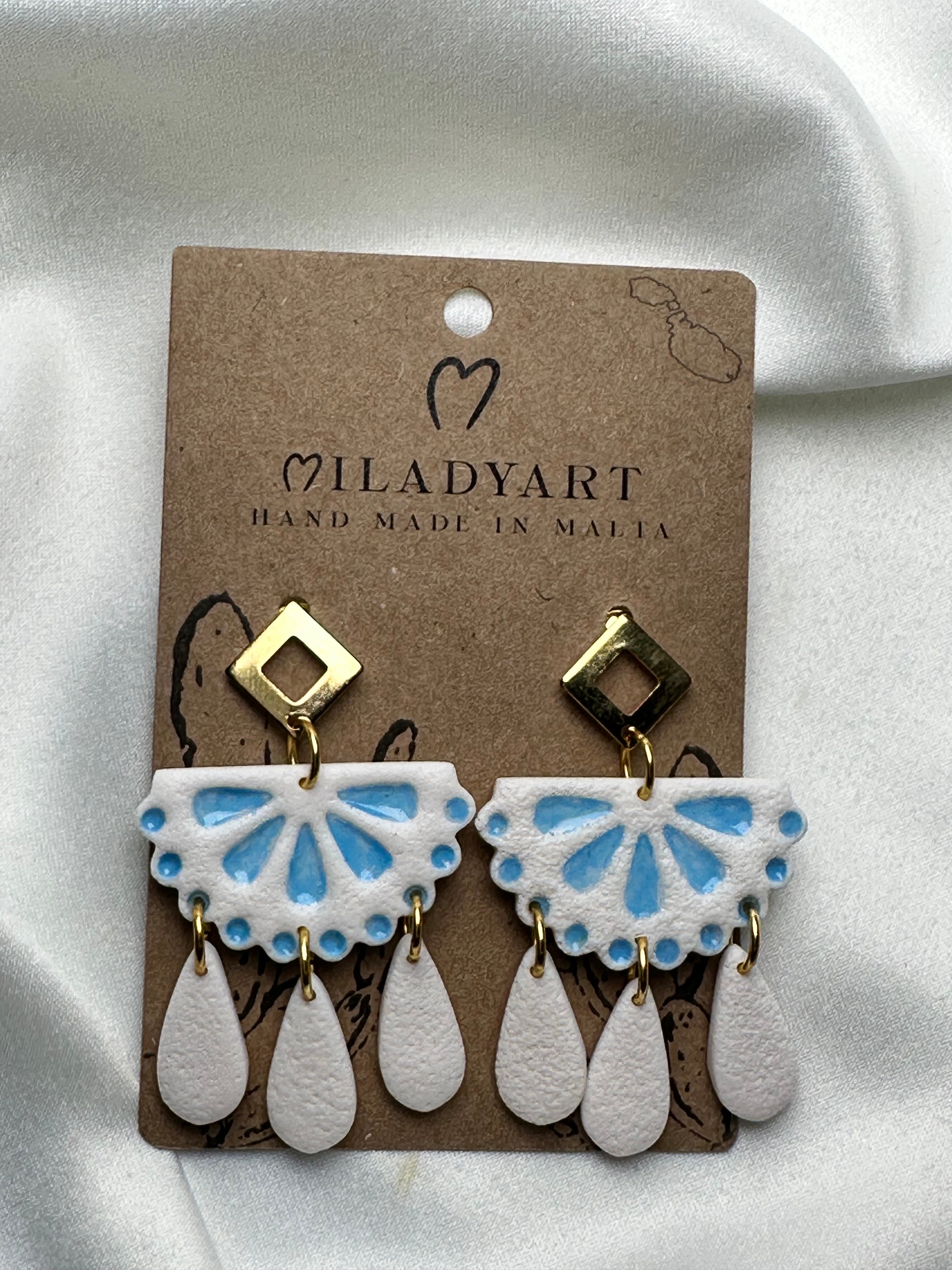 Earrings Pendent Gold White Light Blue Mexican Tile