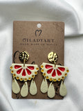 Earrings Pendent Gold Red Yellow Mexican Tile
