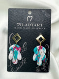 Earrings Pendent Fantasy White Pink Turquoise Leaves