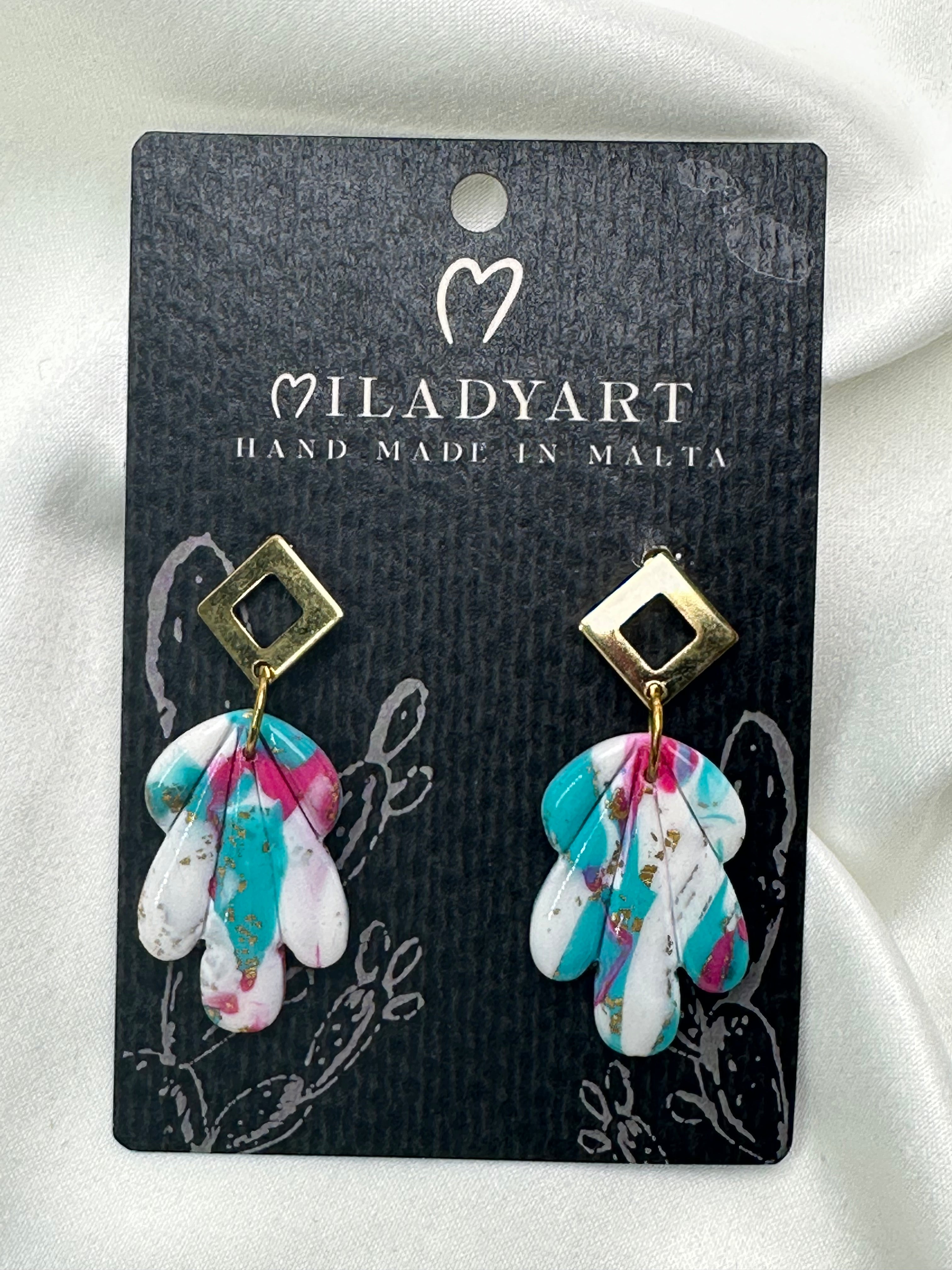 Earrings Pendent Fantasy White Pink Turquoise Leaves