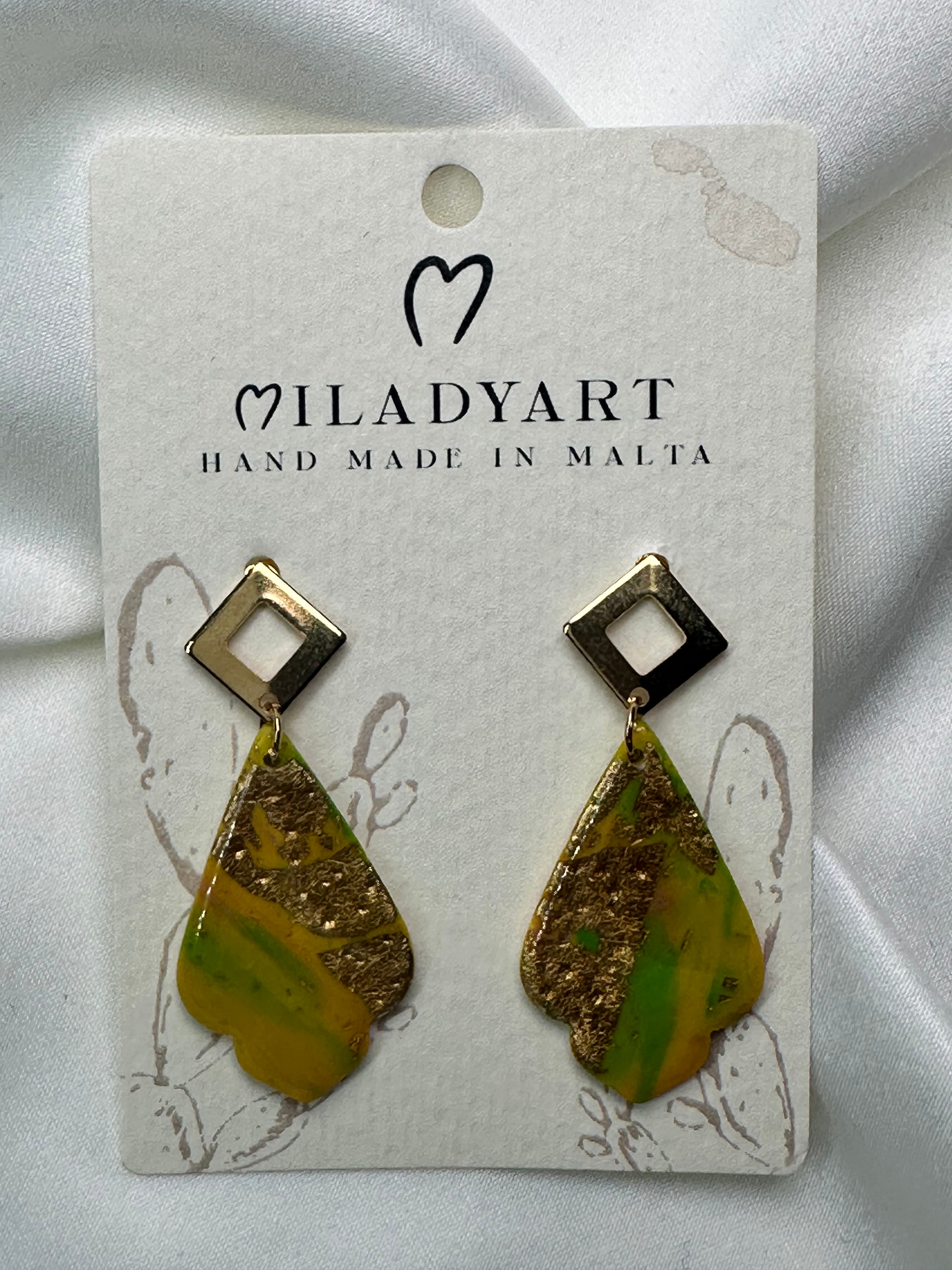 Earrings Pendent Lime Green Yellow Gold Leaves