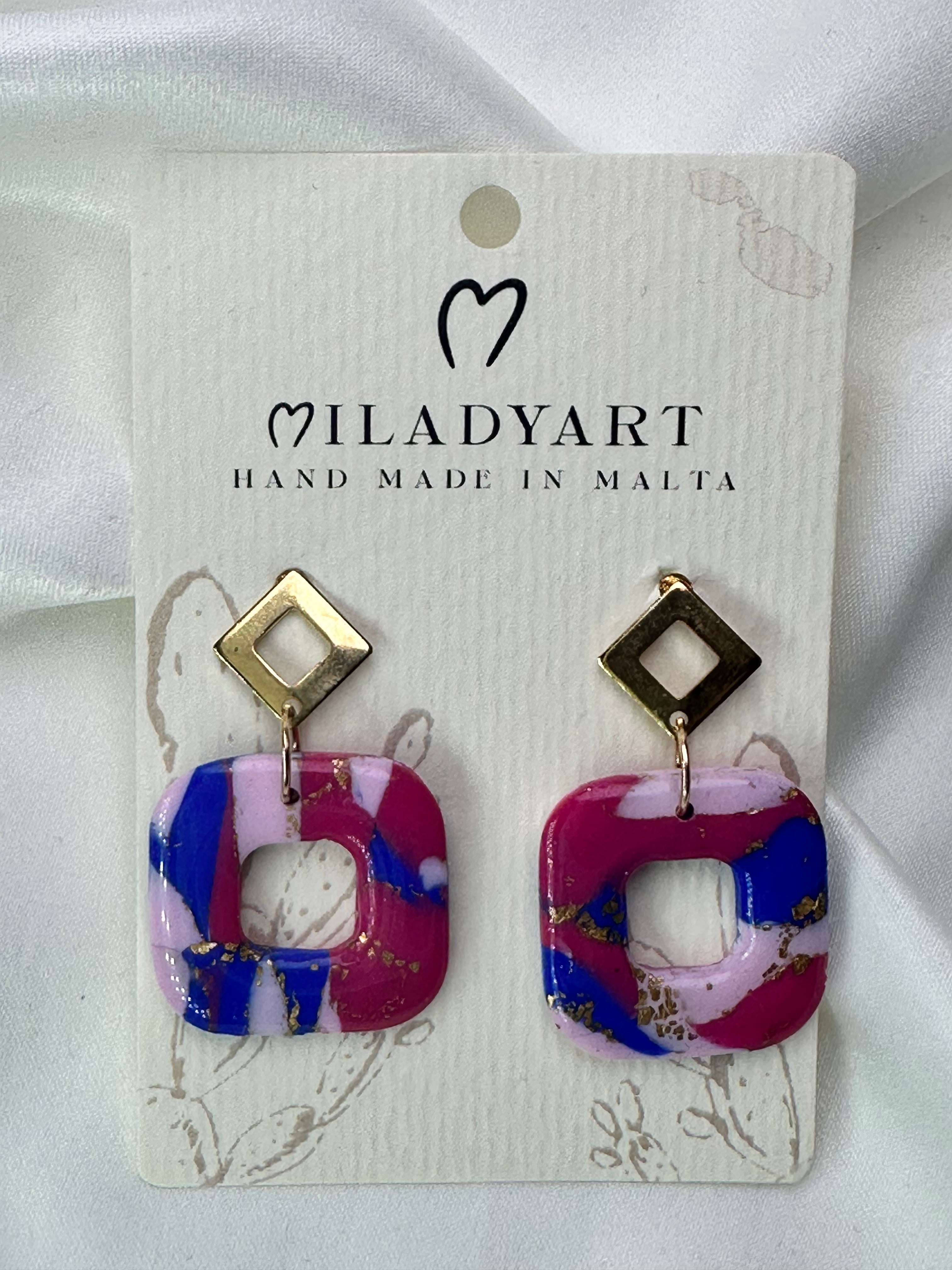 Earrings Pendent Square Blue Navy Rose Pink Mixed