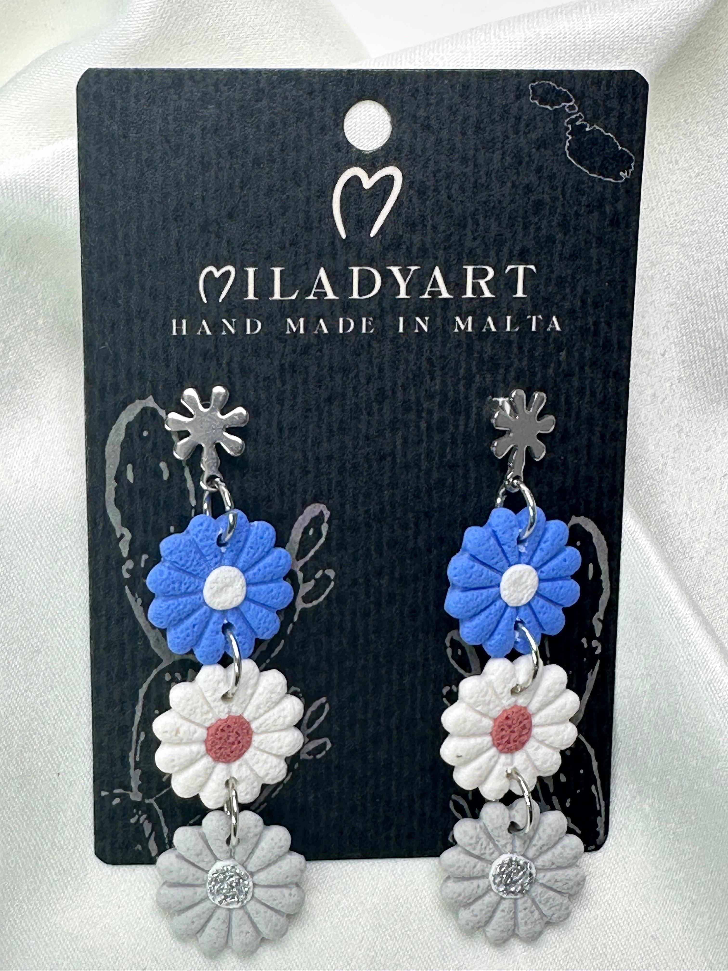 Earrings Pendent Little Daisies Blue White Gray