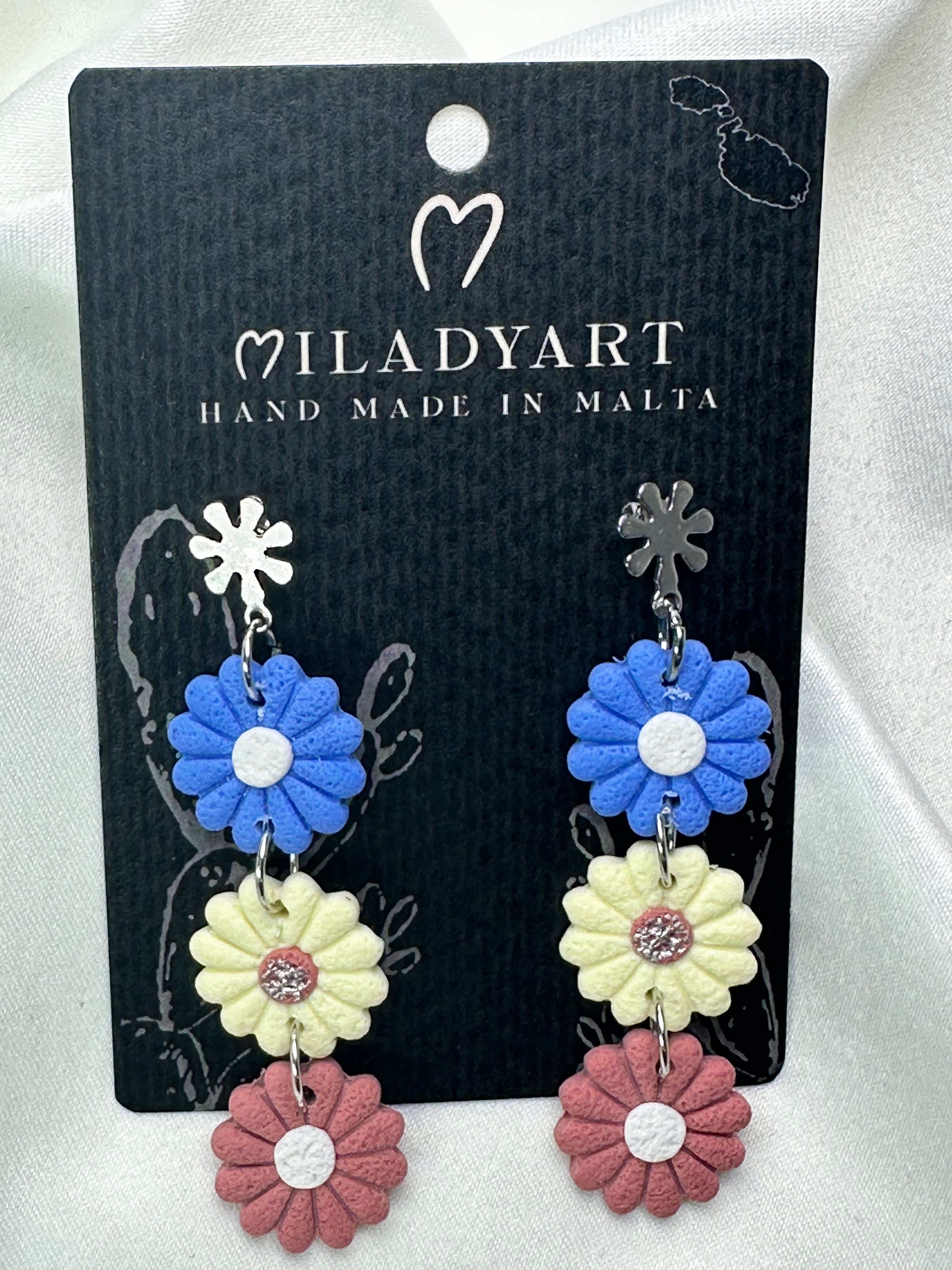 Earrings Pendent Little Daisies Blue Light Yellow Brown