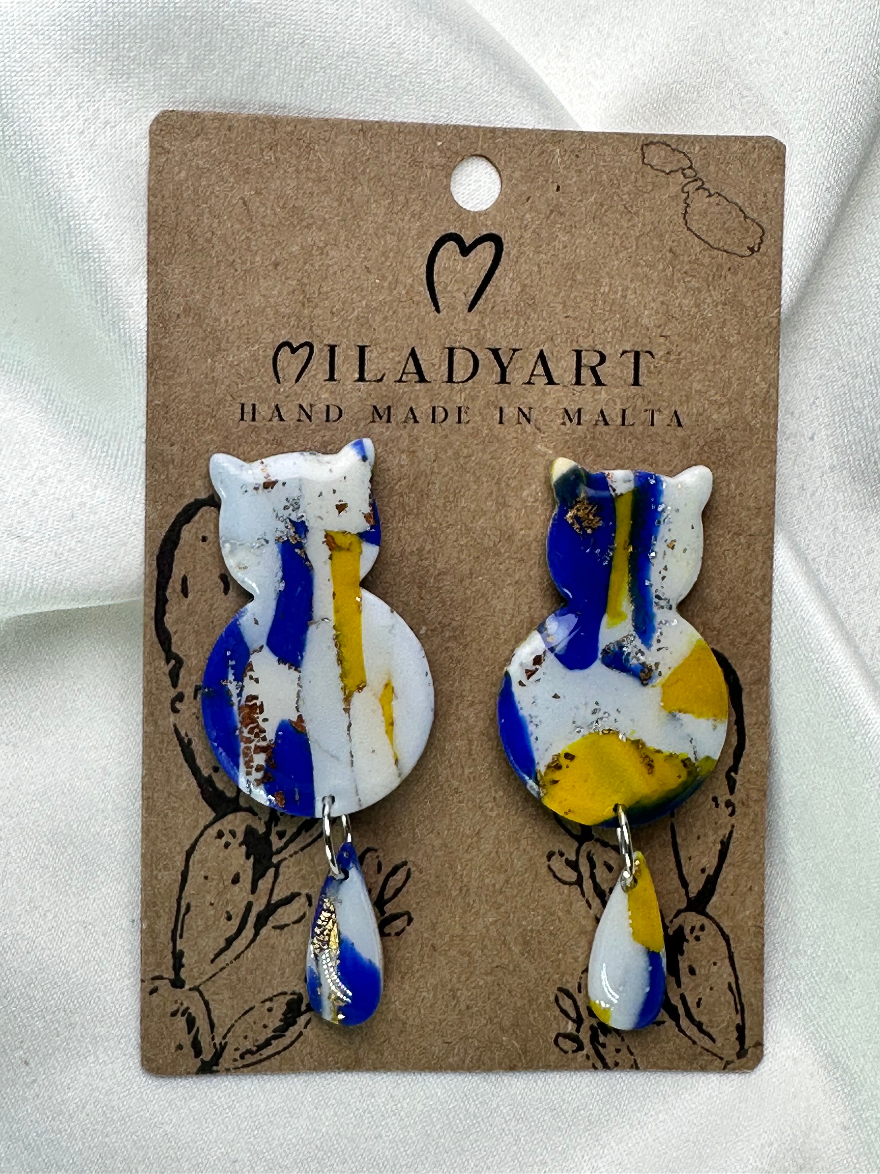 Earrings Big Cat Blue Yellow White