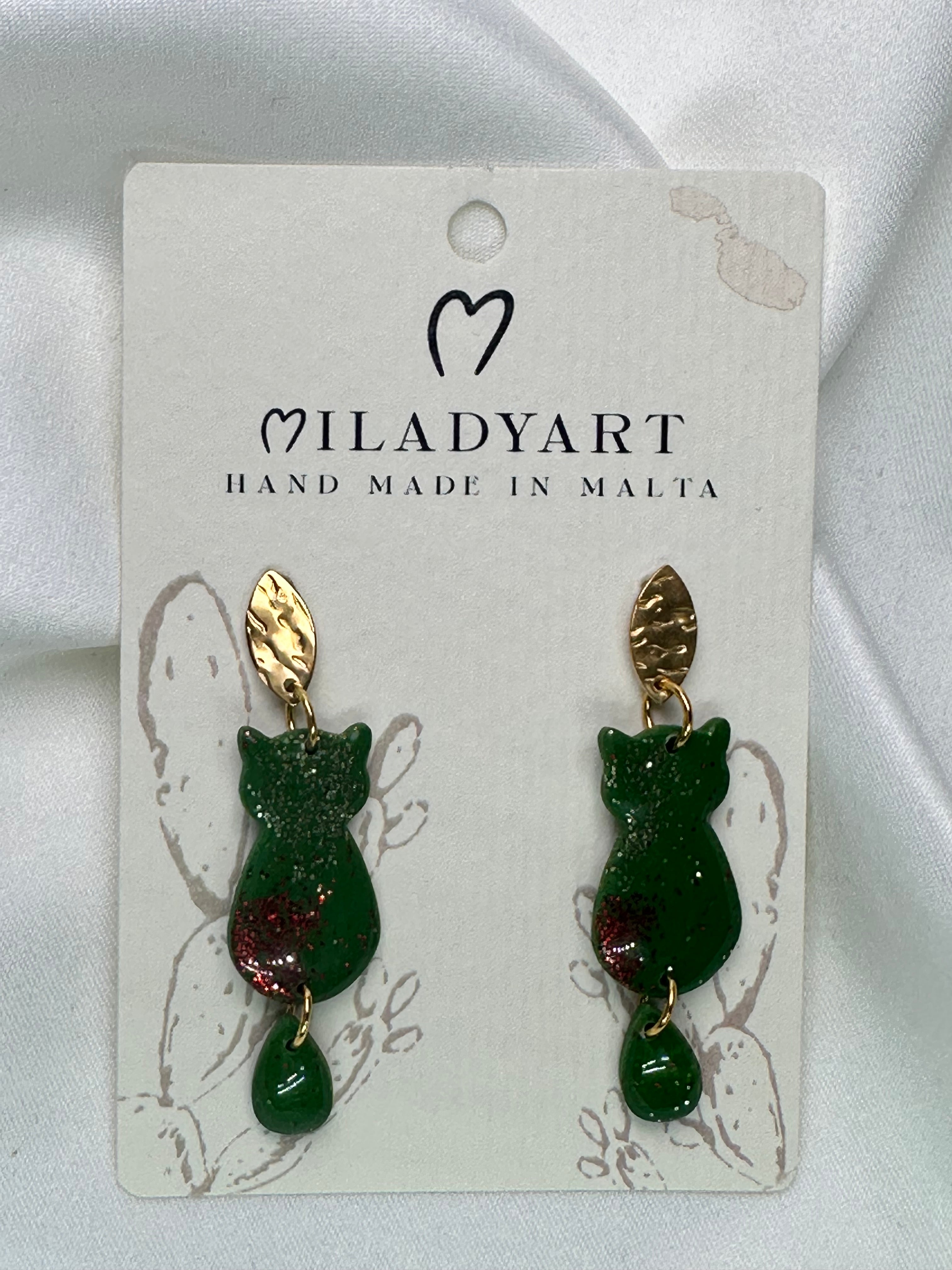 Earrings Small Cat Green Gold