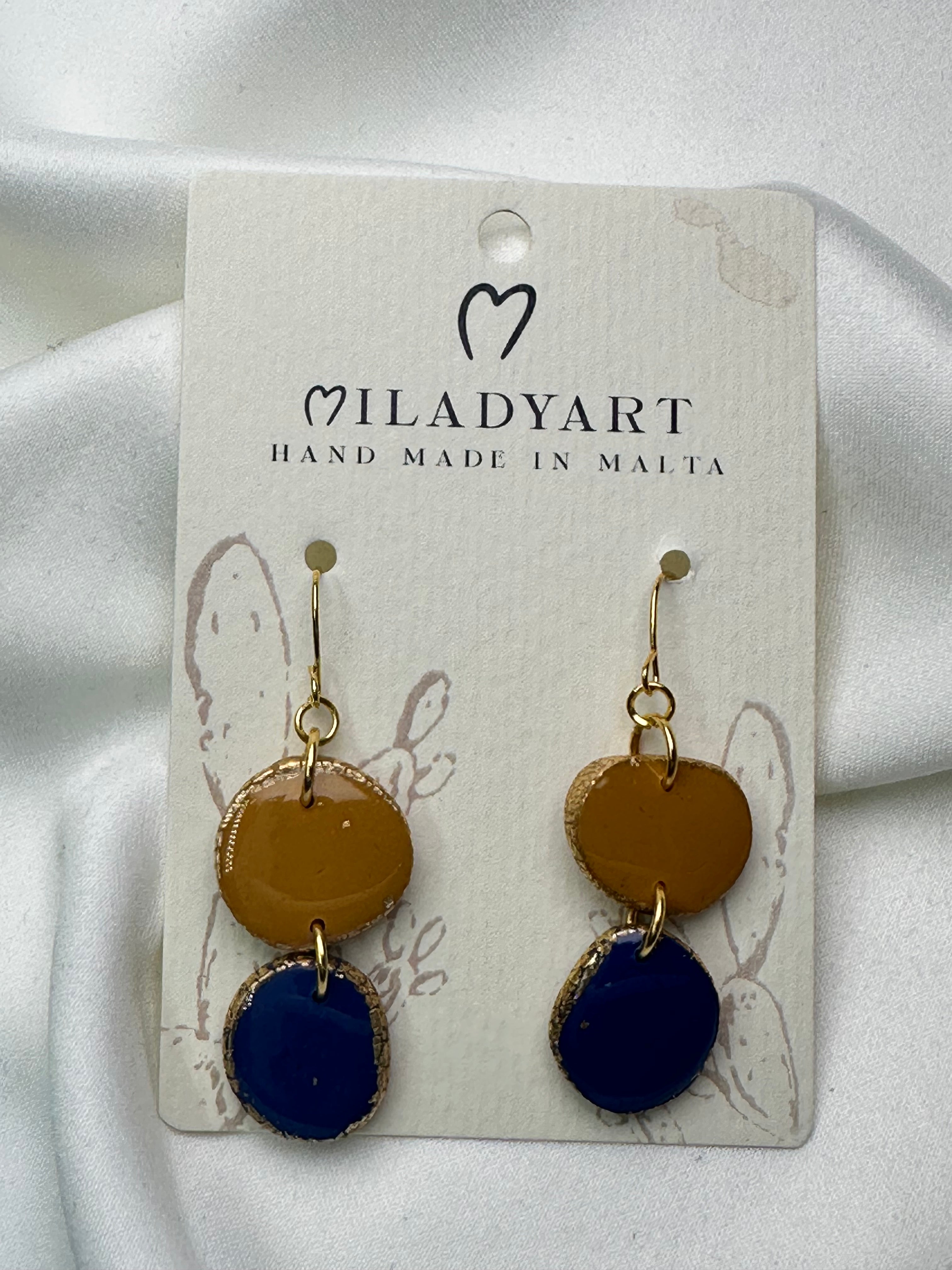 Earrings Pendent Iregular Circle Blue Mustard Color
