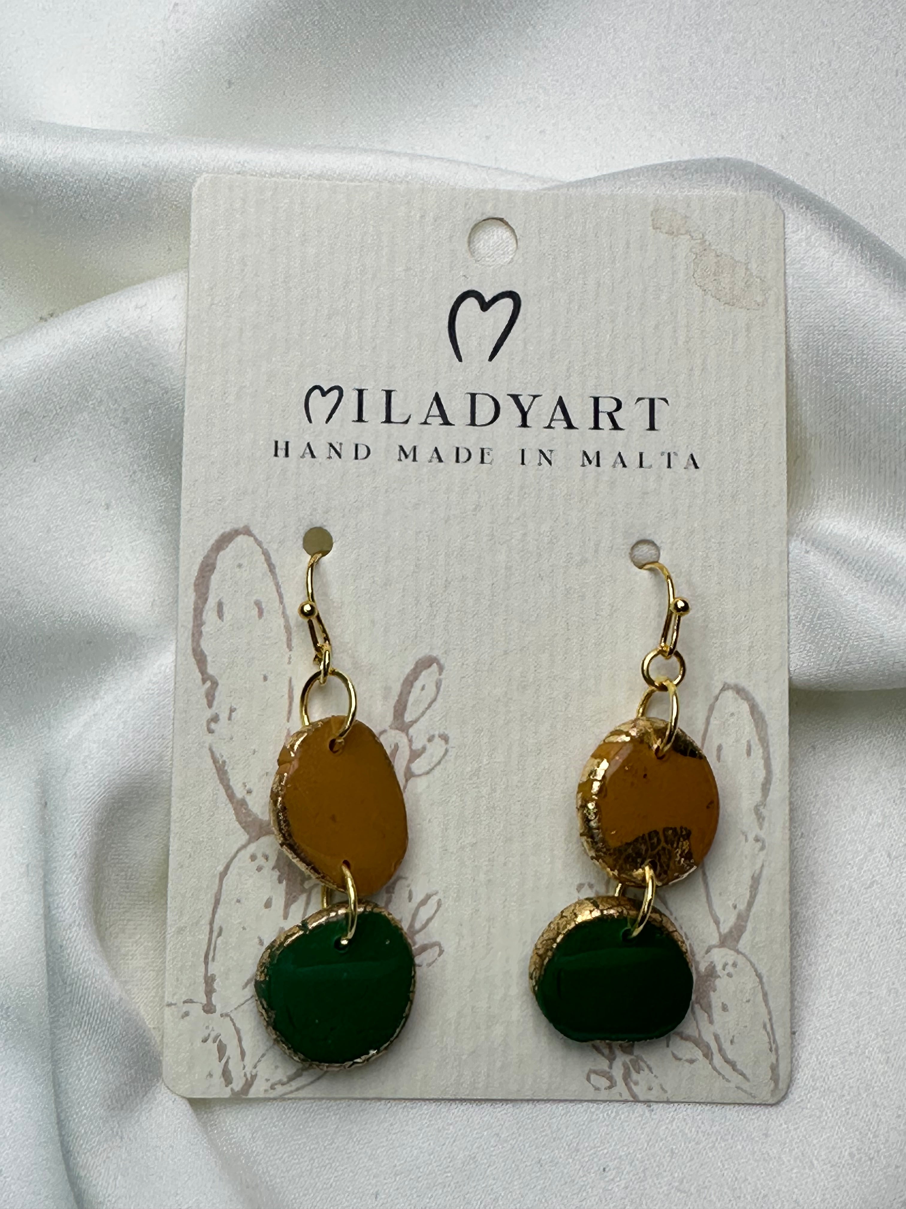 Earrings Pendent Iregular Circle Green Mustard Color