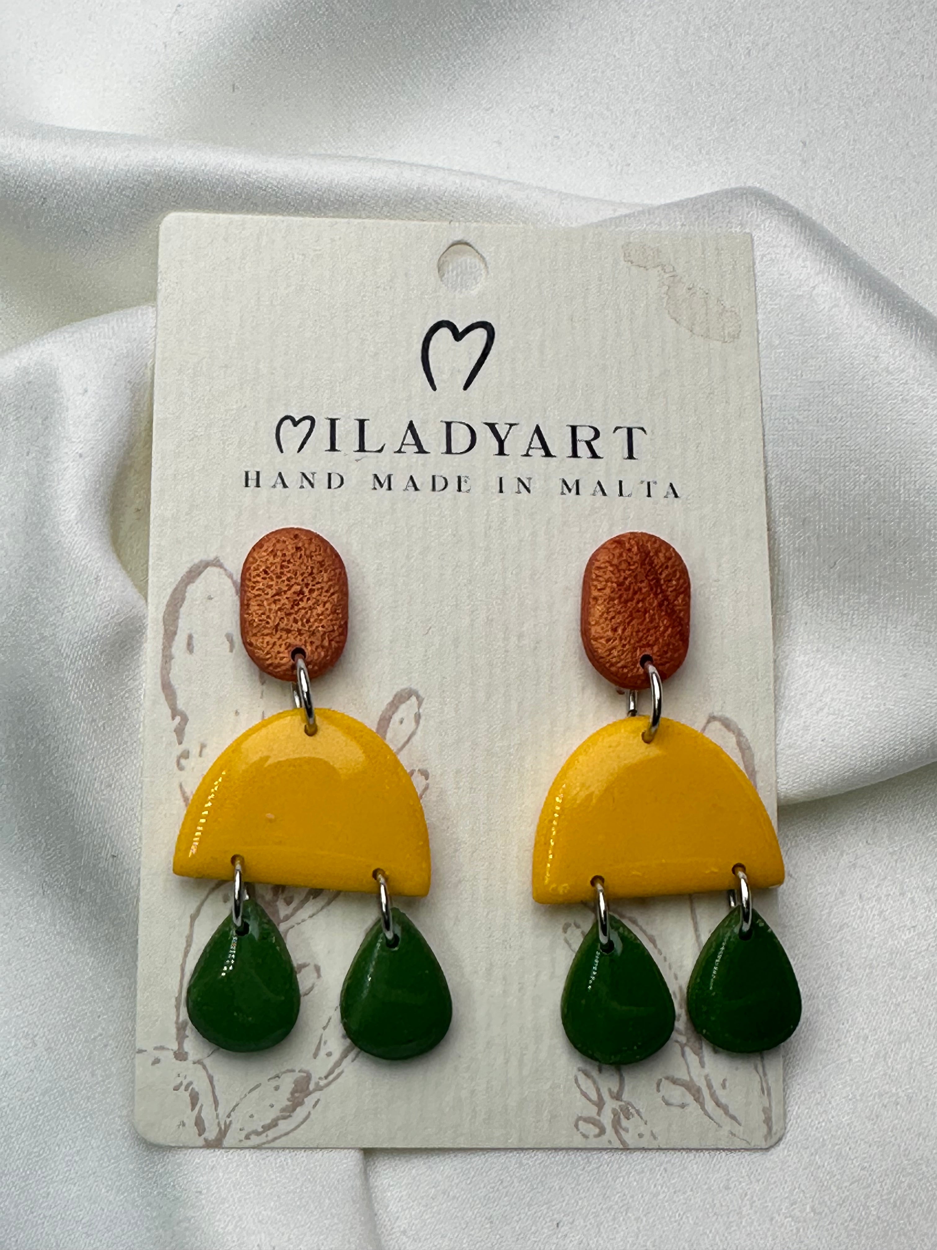 Earrings Semicircle Pendent Brown Yellow Green