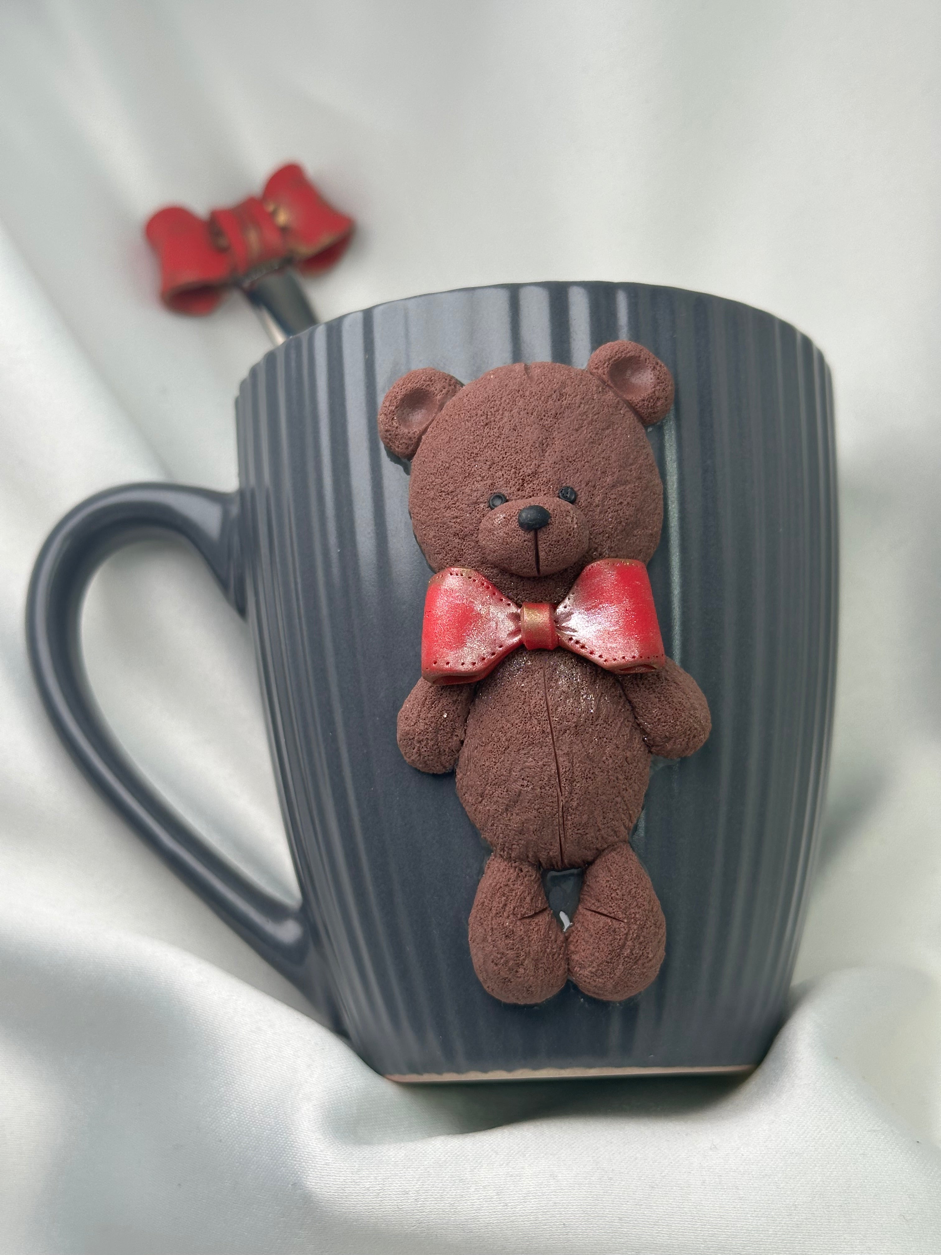 Mug Gray With Spoon Teddy Bear Brown