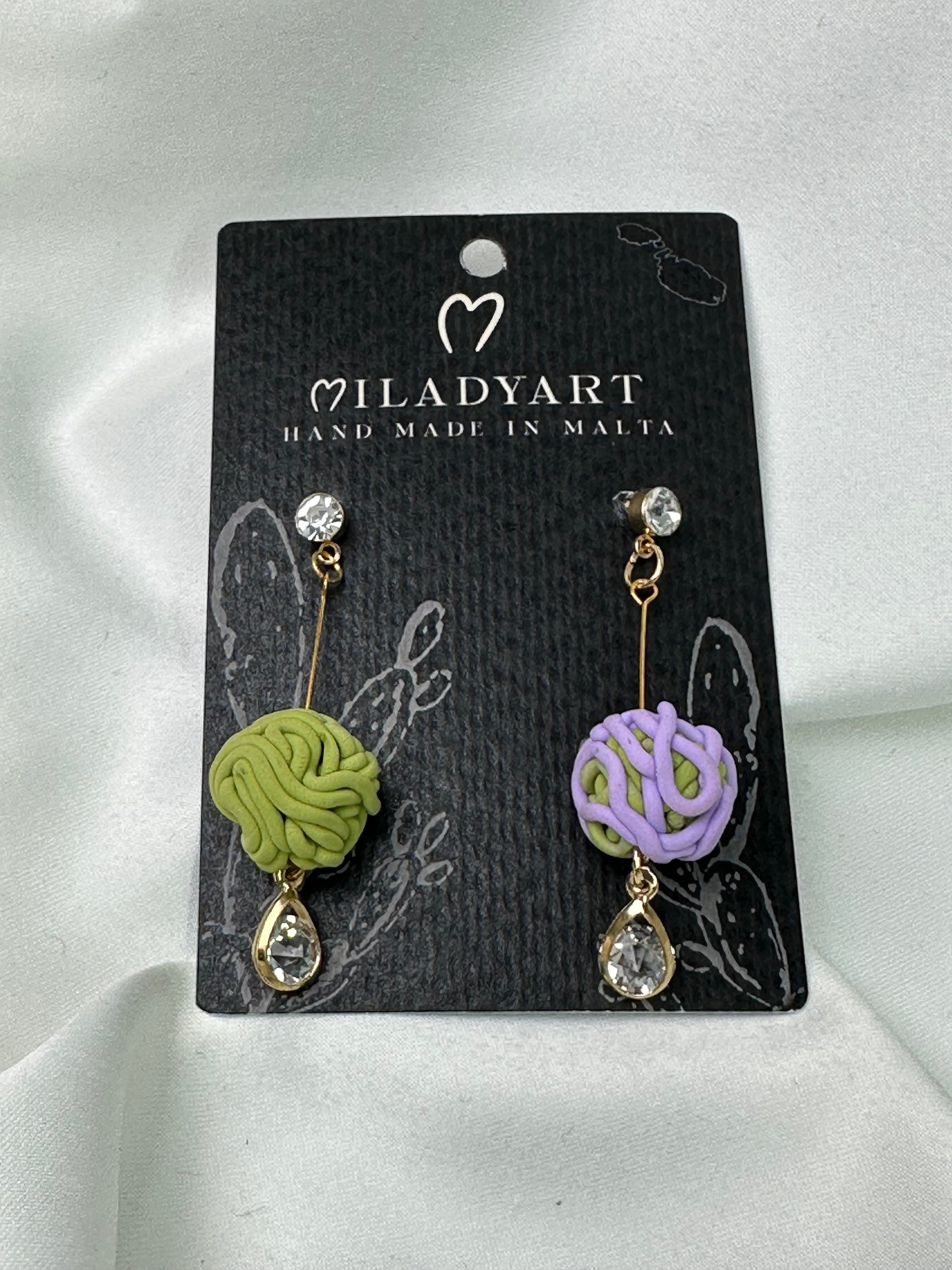 Earrings Gold Pendant Green Violet Clews